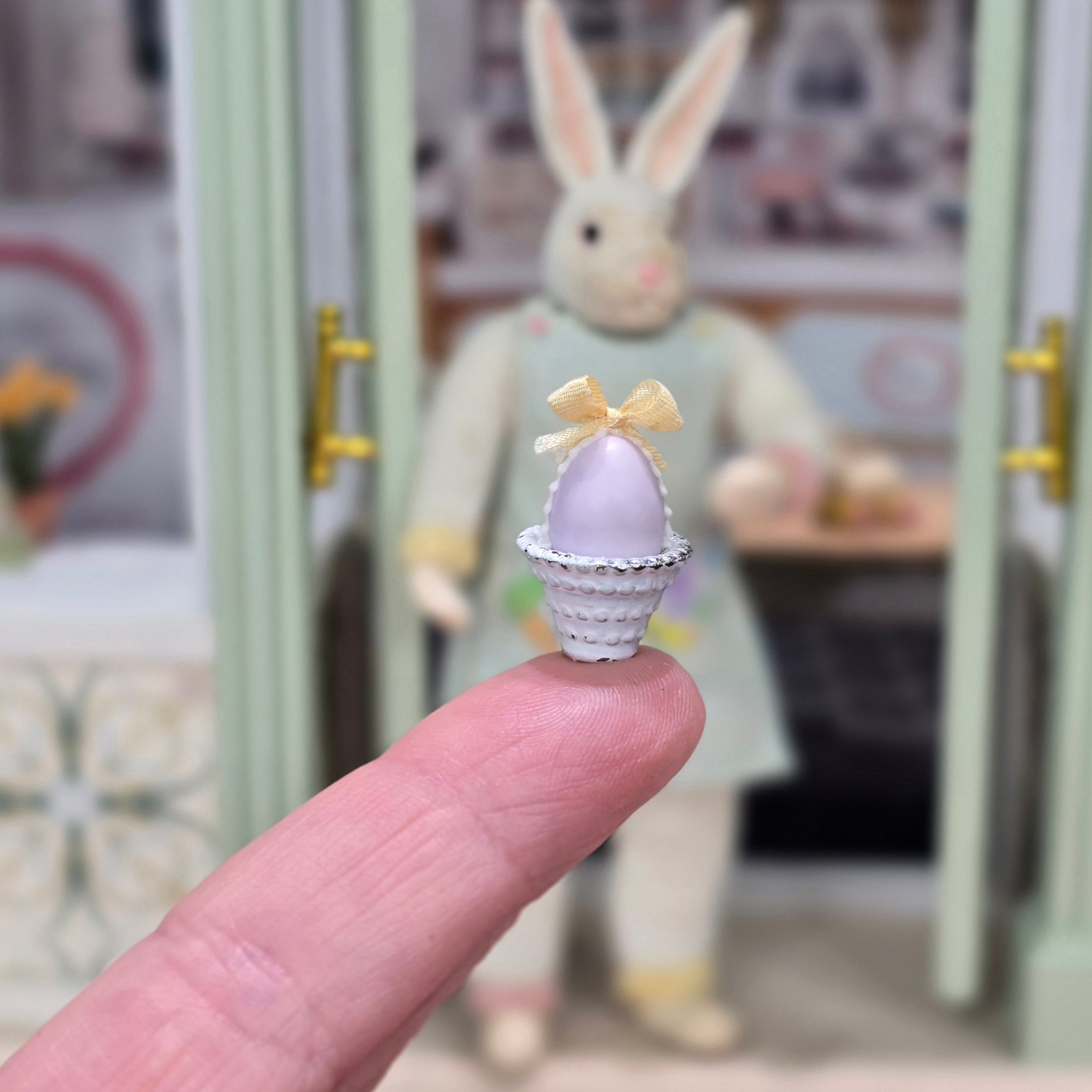 Paris Miniatures France OOAK Lavender Sugar Easter Egg in Painted Metal Basket