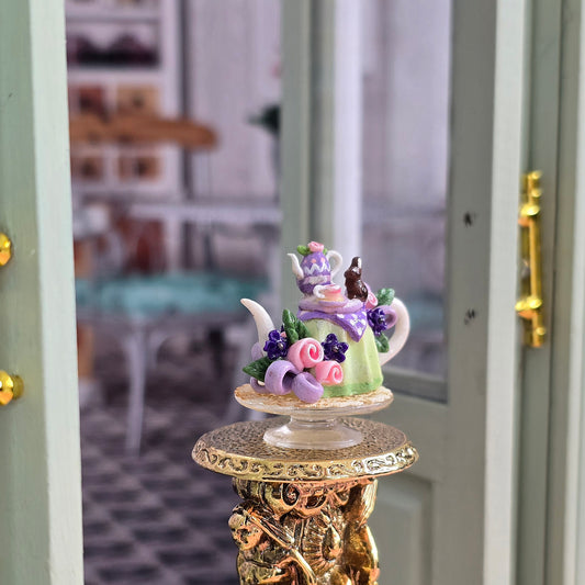 C. Rohal OOAK Teapot Tea Party Easter Cake Centerpiece on Glass Stand