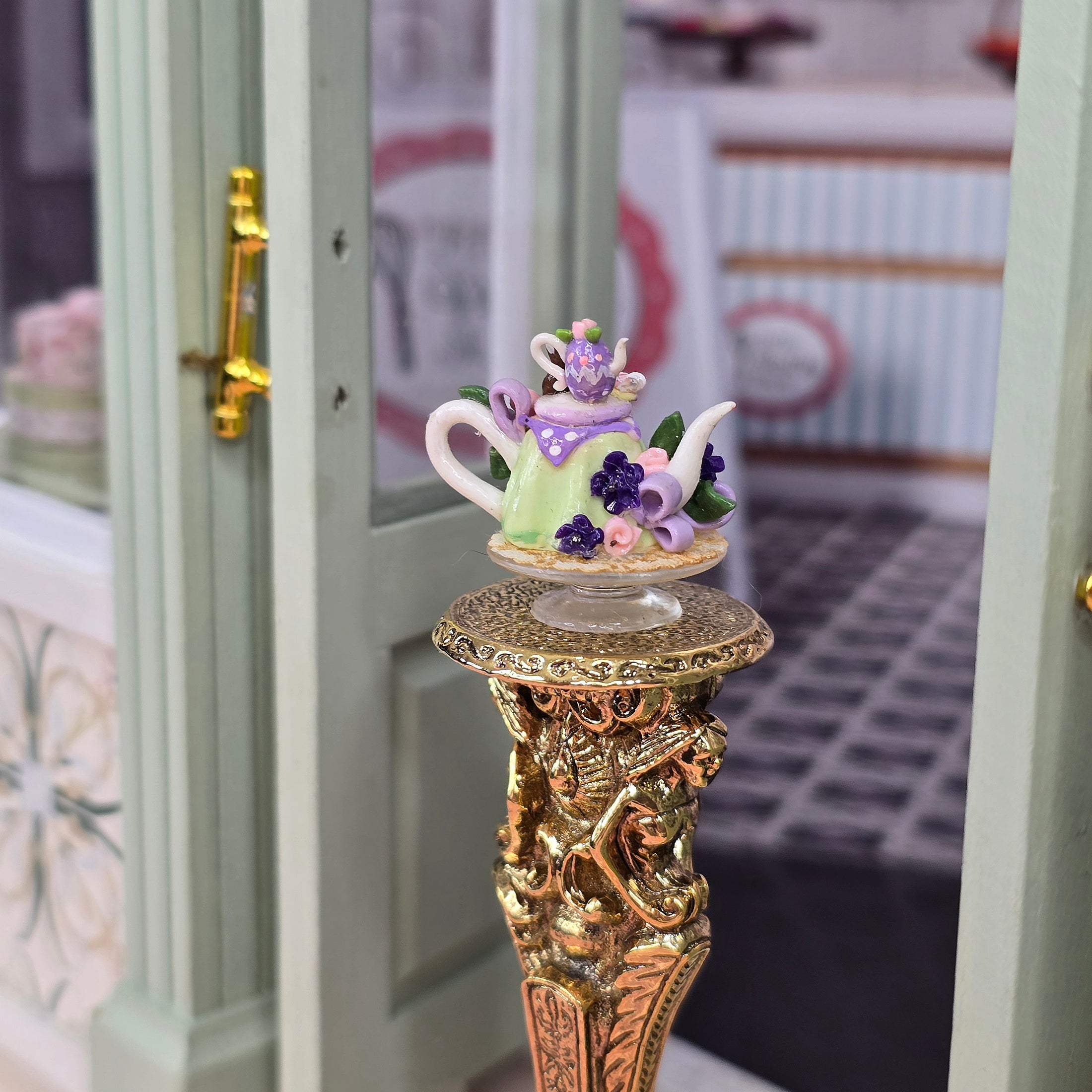 C. Rohal OOAK Teapot Tea Party Easter Cake Centerpiece on Glass Stand