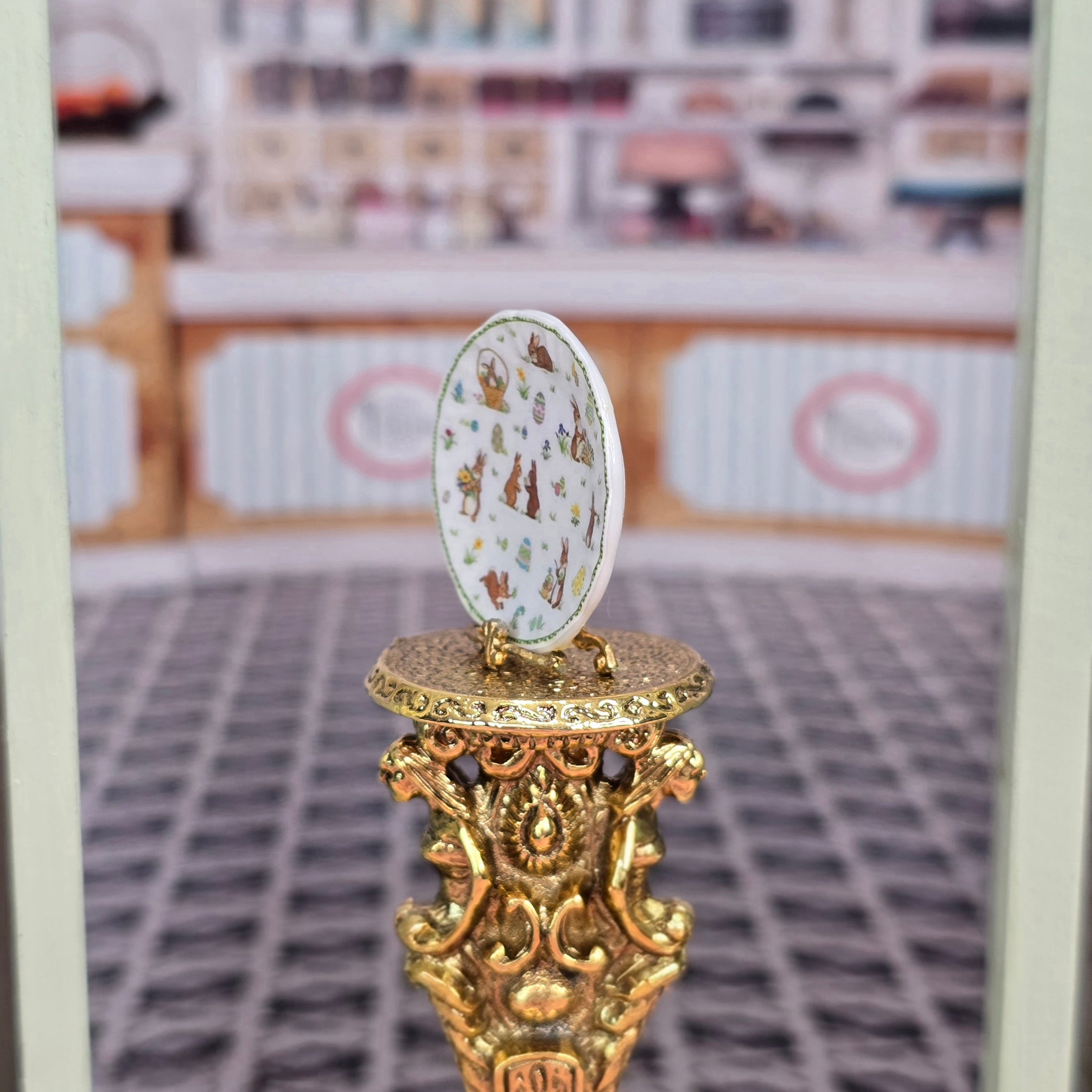 OOAK Vintage Easter Bunny Porcelain Plate on Gold Tone Stand