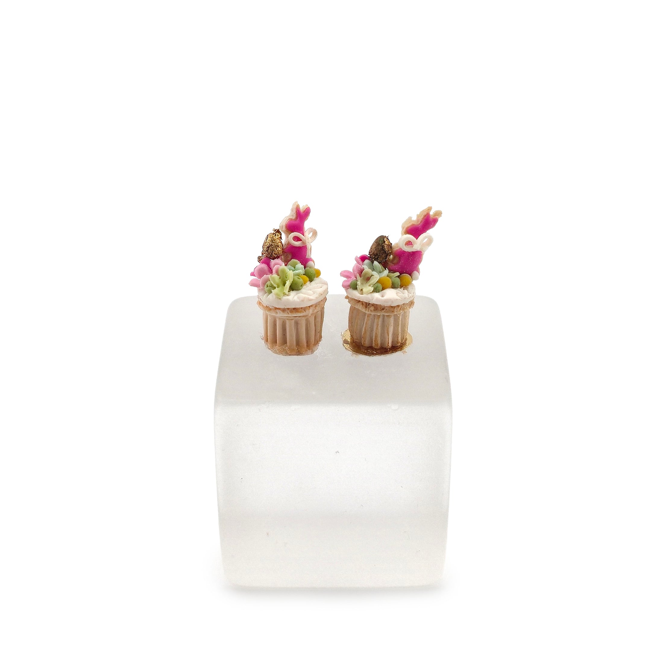 Pair of Pink Decorated Easter Cupcakes with Bunny Cookies Paris Miniatures France