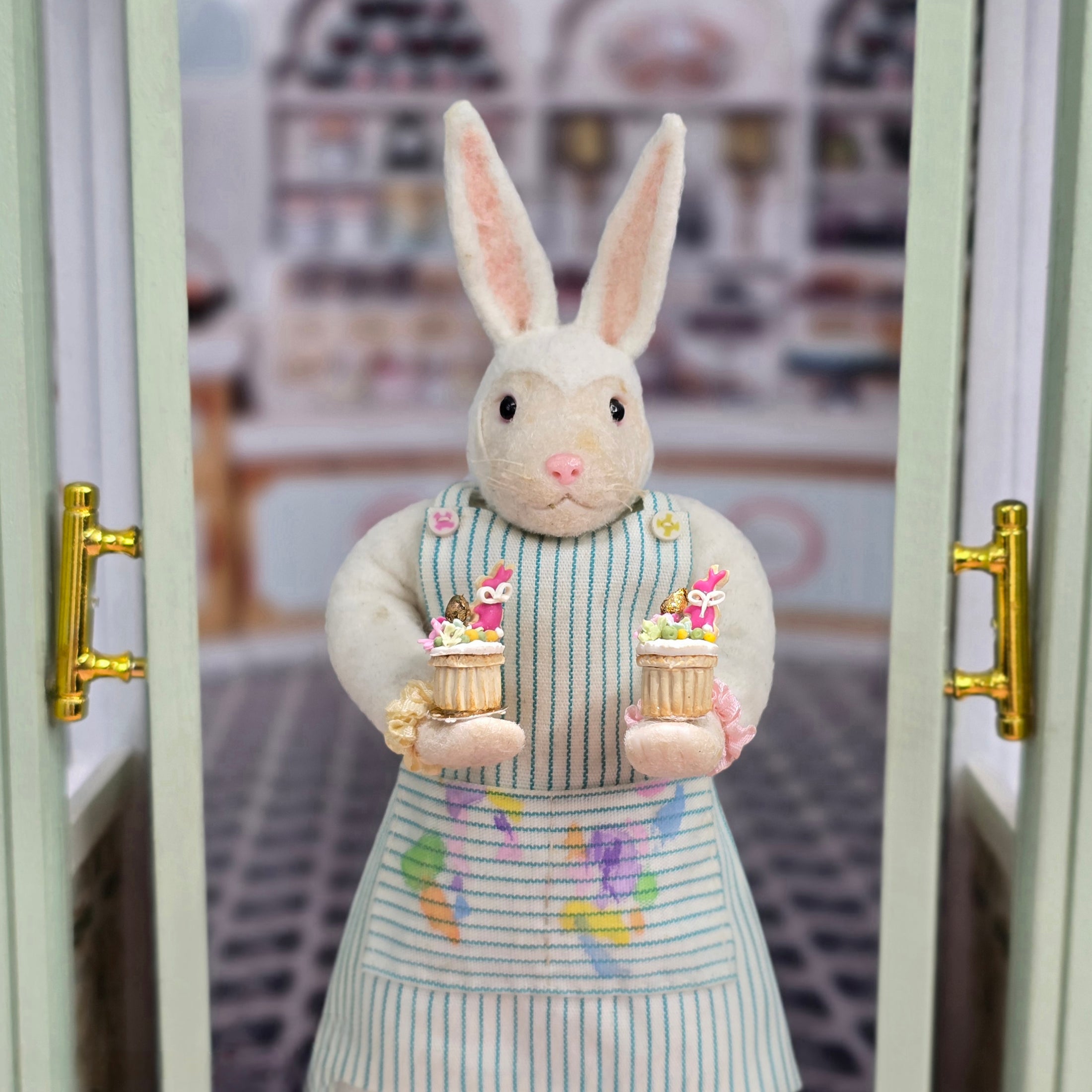 Pair of Pink Decorated Easter Cupcakes with Bunny Cookies Paris Miniatures France