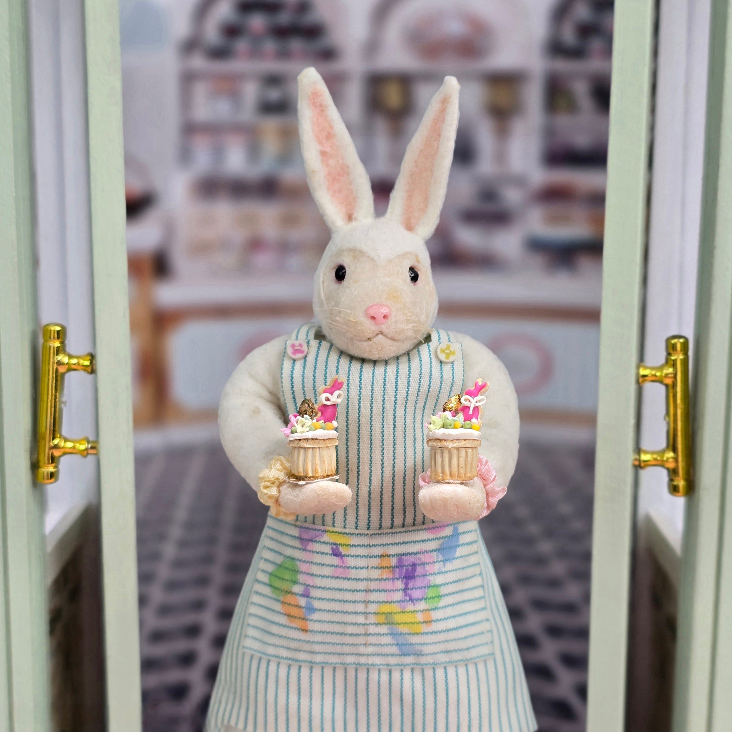 Pair of Pink Decorated Easter Cupcakes with Bunny Cookies Paris Miniatures France