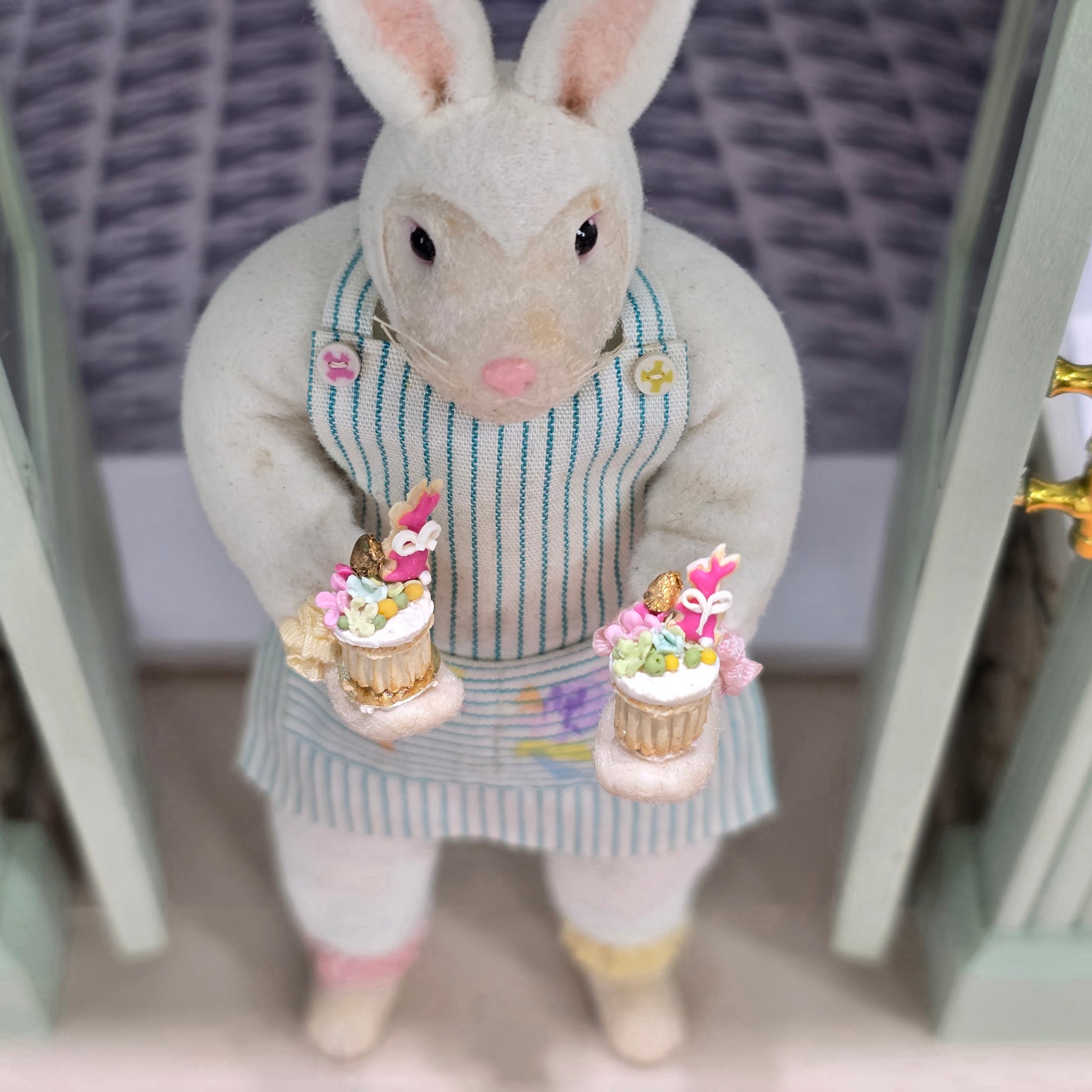 Pair of Pink Decorated Easter Cupcakes with Bunny Cookies Paris Miniatures France