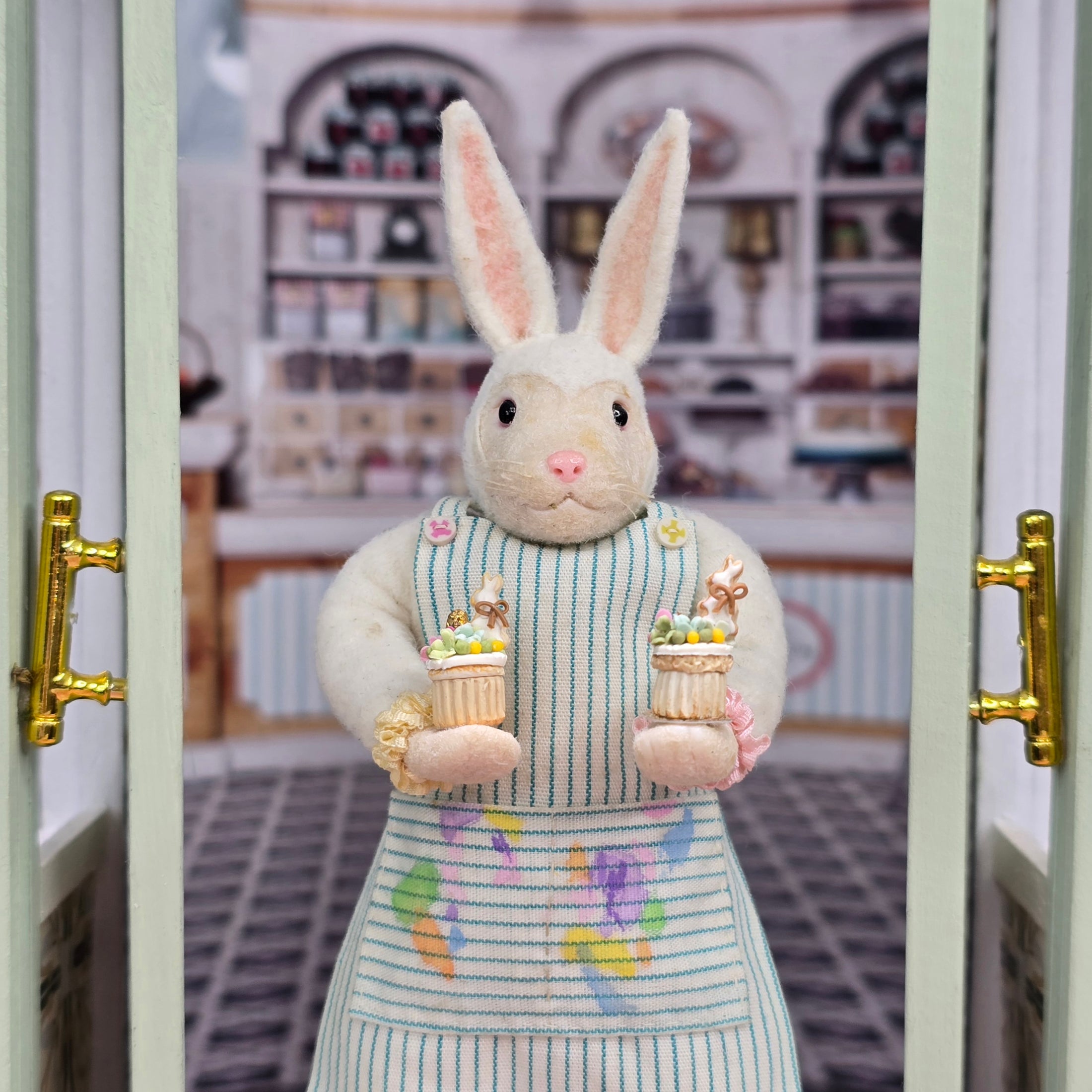 Pair of White Decorated Easter Cupcakes with Bunny Cookies Paris Miniatures France