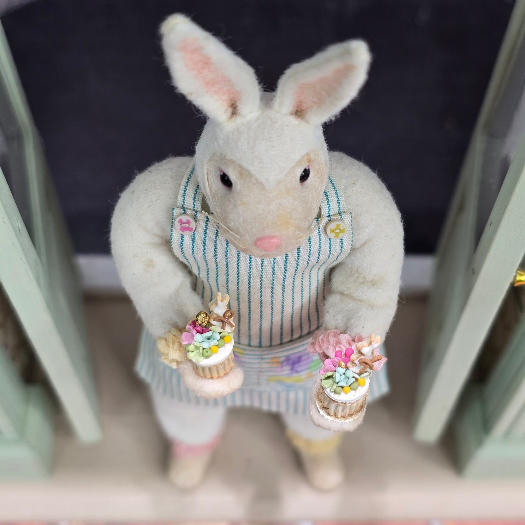 Pair of White Decorated Easter Cupcakes with Bunny Cookies Paris Miniatures France