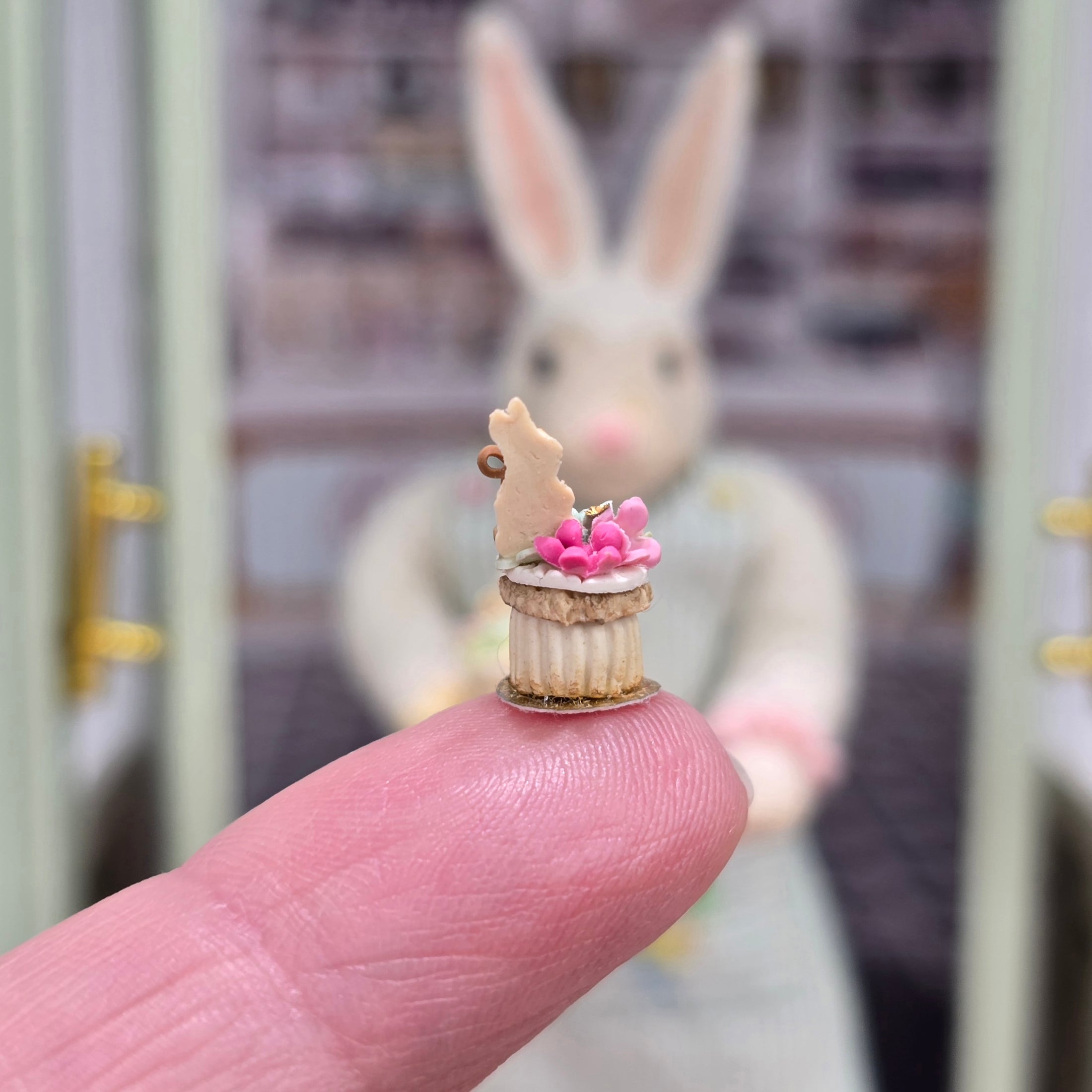 Pair of White Decorated Easter Cupcakes with Bunny Cookies Paris Miniatures France