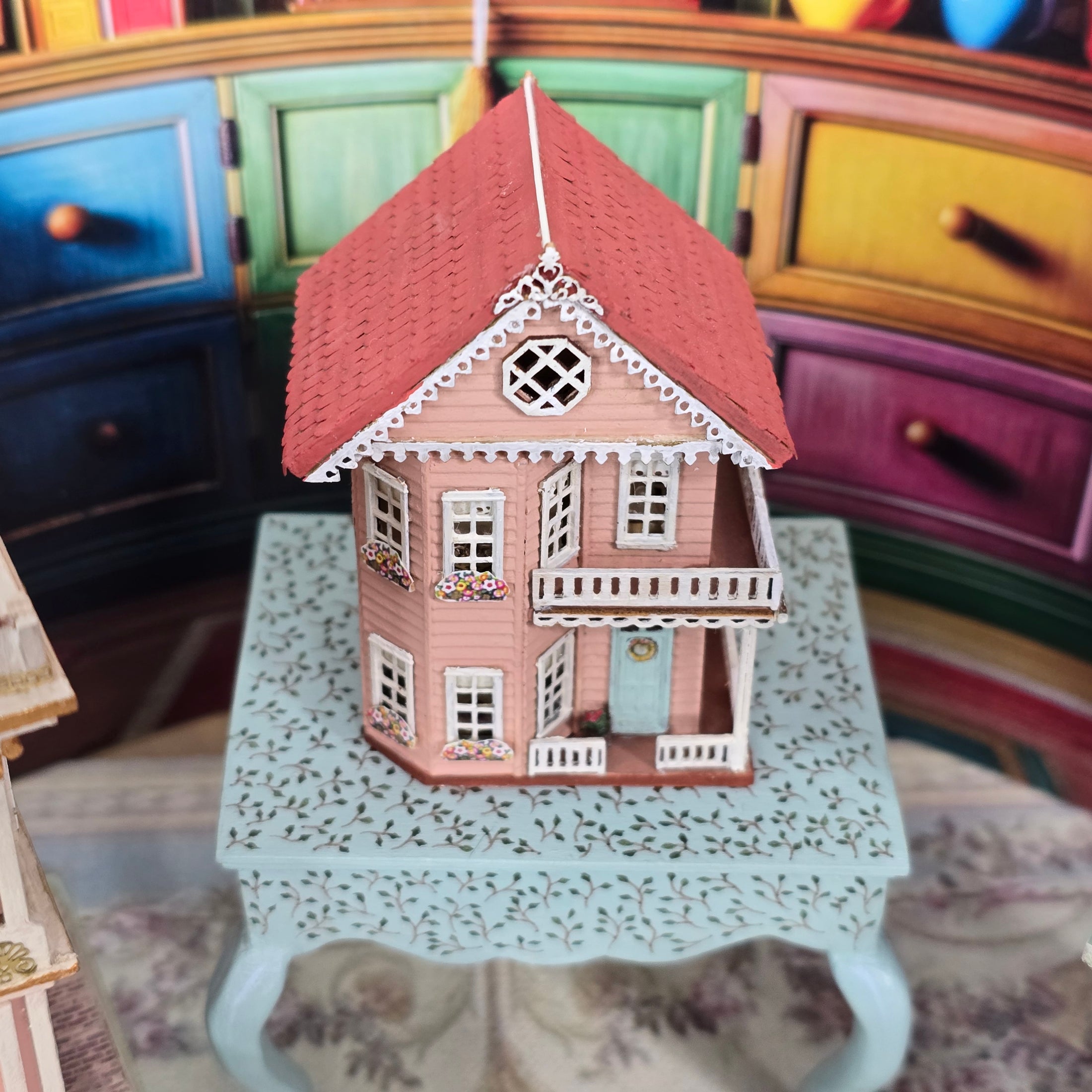 Laura Eppich 1:144 Pink Victorian Dollhouse on Hand Painted 1:12 Blue Table