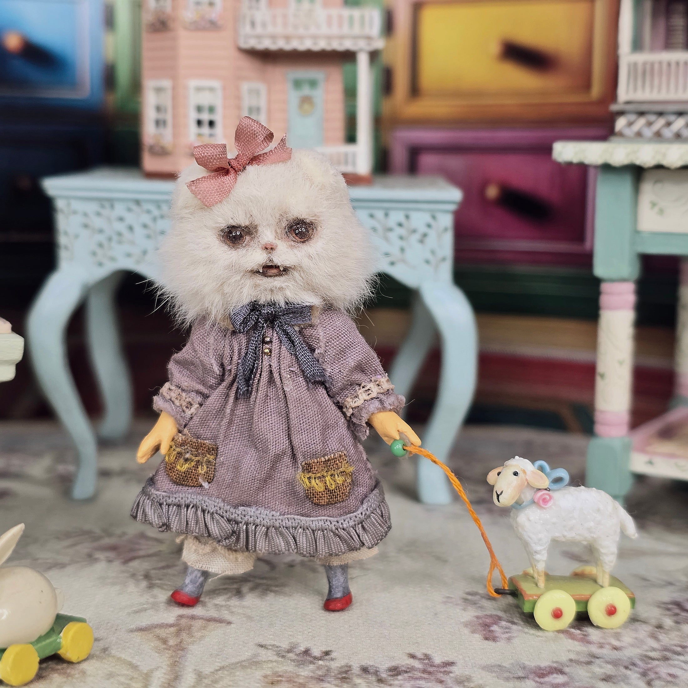 Hand-Painted Lamb Pull Toy Nursery Miniature by Jacqueline Dunn (2010)