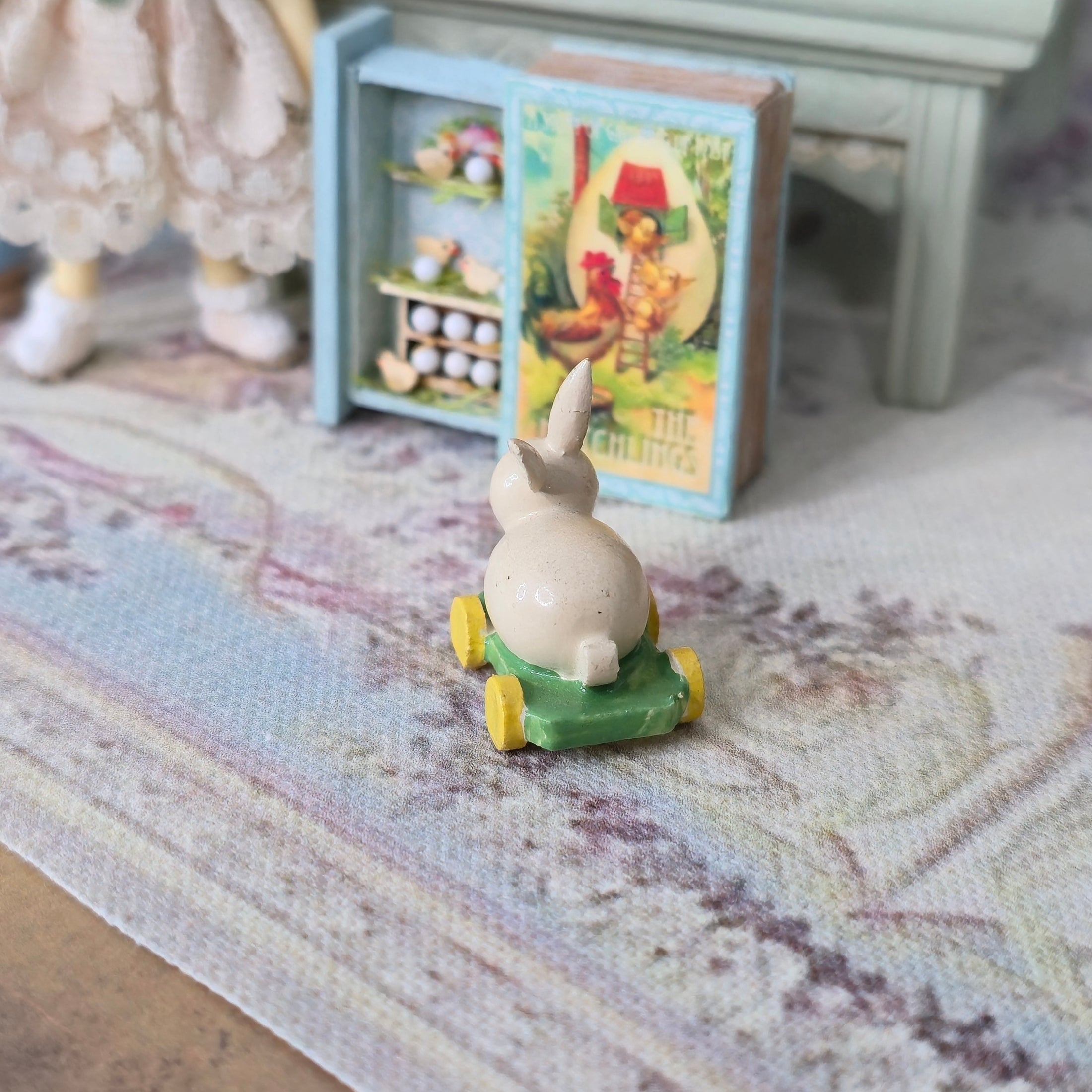 Yellow & Green Vintage Wooden Nursery Bunny Pull Toy Miniature