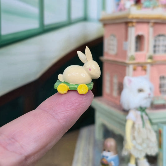 Yellow & Green Vintage Wooden Nursery Bunny Pull Toy Miniature