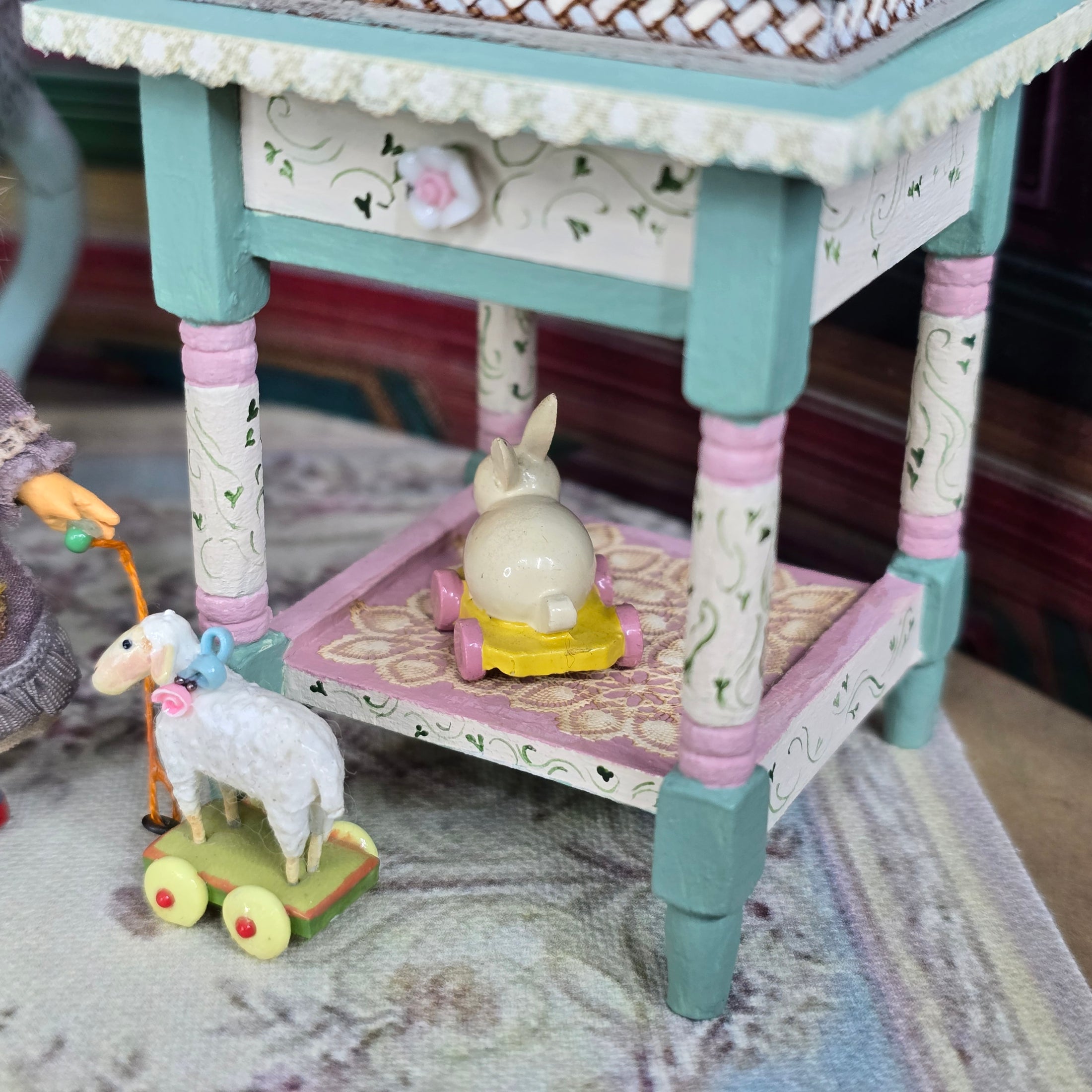 Yellow & Pink Vintage Wooden Nursery Bunny Pull Toy Miniature