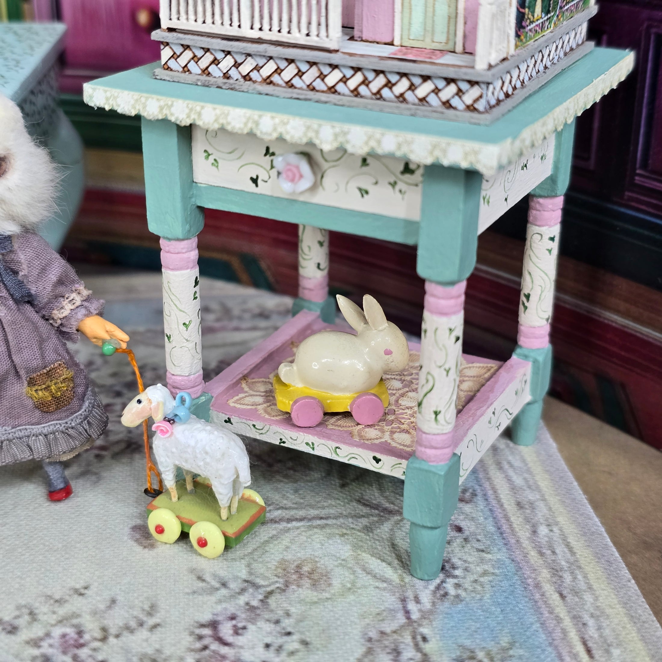 Yellow & Pink Vintage Wooden Nursery Bunny Pull Toy Miniature