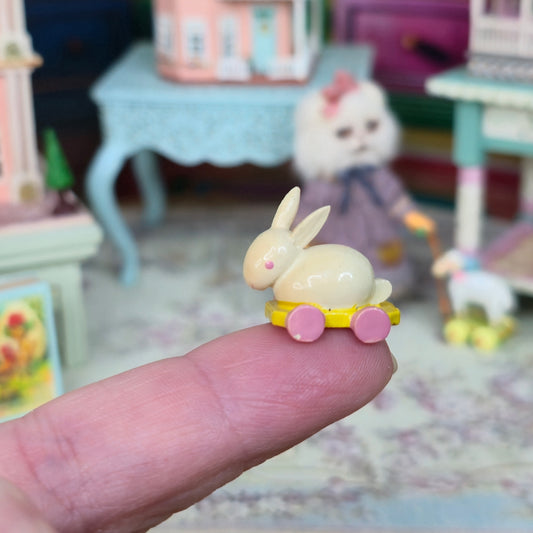 Yellow & Pink Vintage Wooden Nursery Bunny Pull Toy Miniature