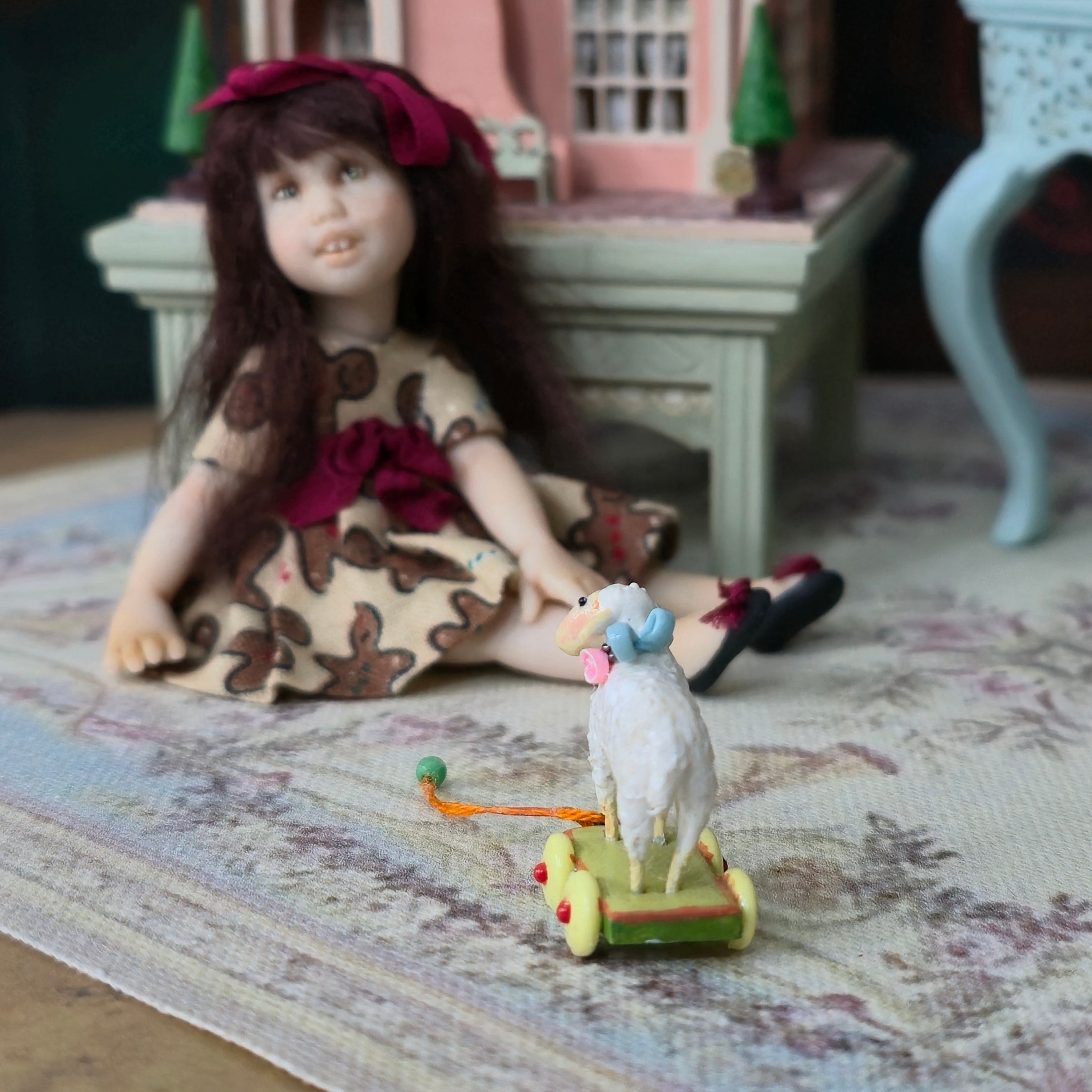 Hand-Painted Lamb Pull Toy Nursery Miniature by Jacqueline Dunn (2010)