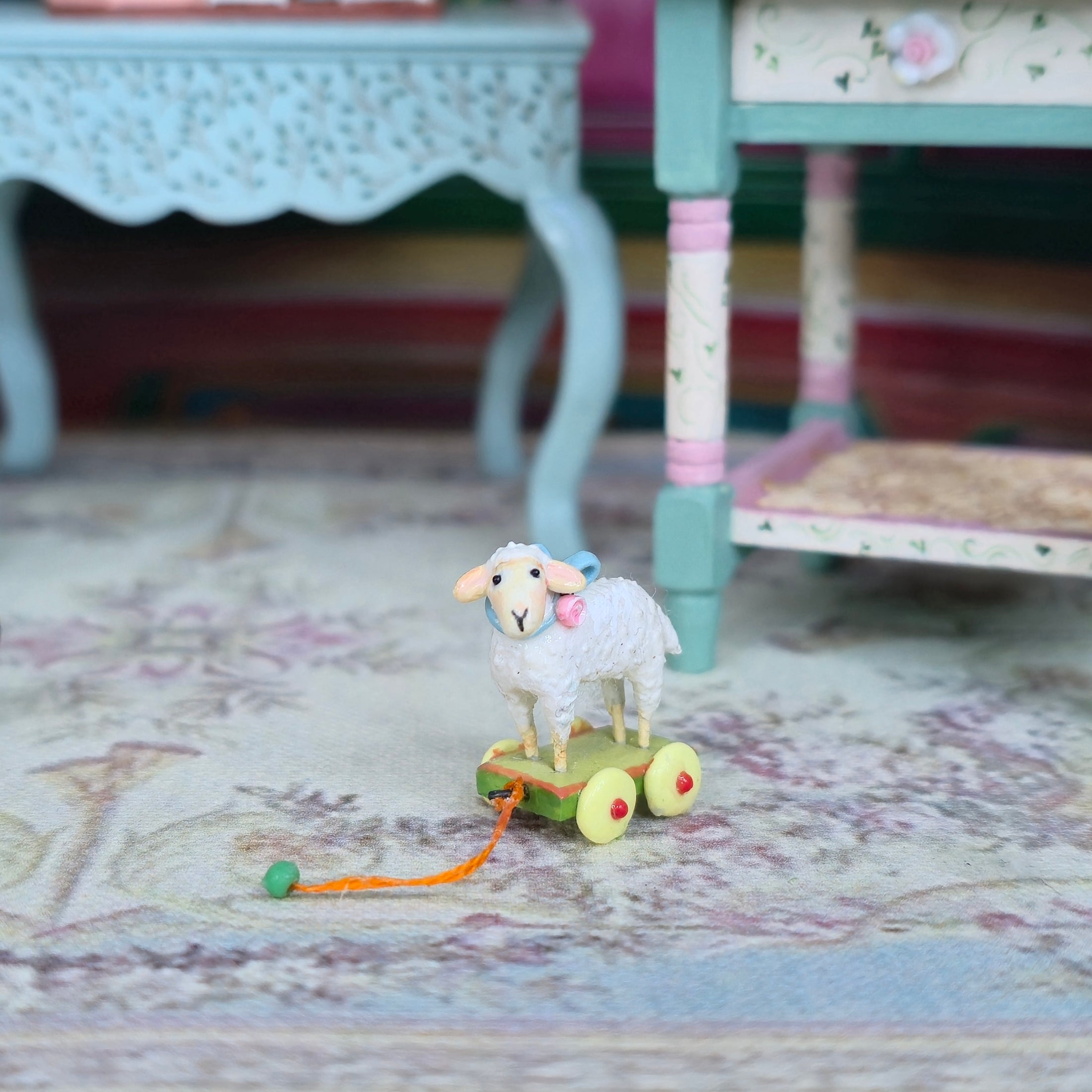 Hand-Painted Lamb Pull Toy Nursery Miniature by Jacqueline Dunn (2010)