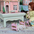 Load image into Gallery viewer, Vintage Artisan Pink & Gold Dressed Bed with Teddy Bear 1:48 Scale Nursery Toy
