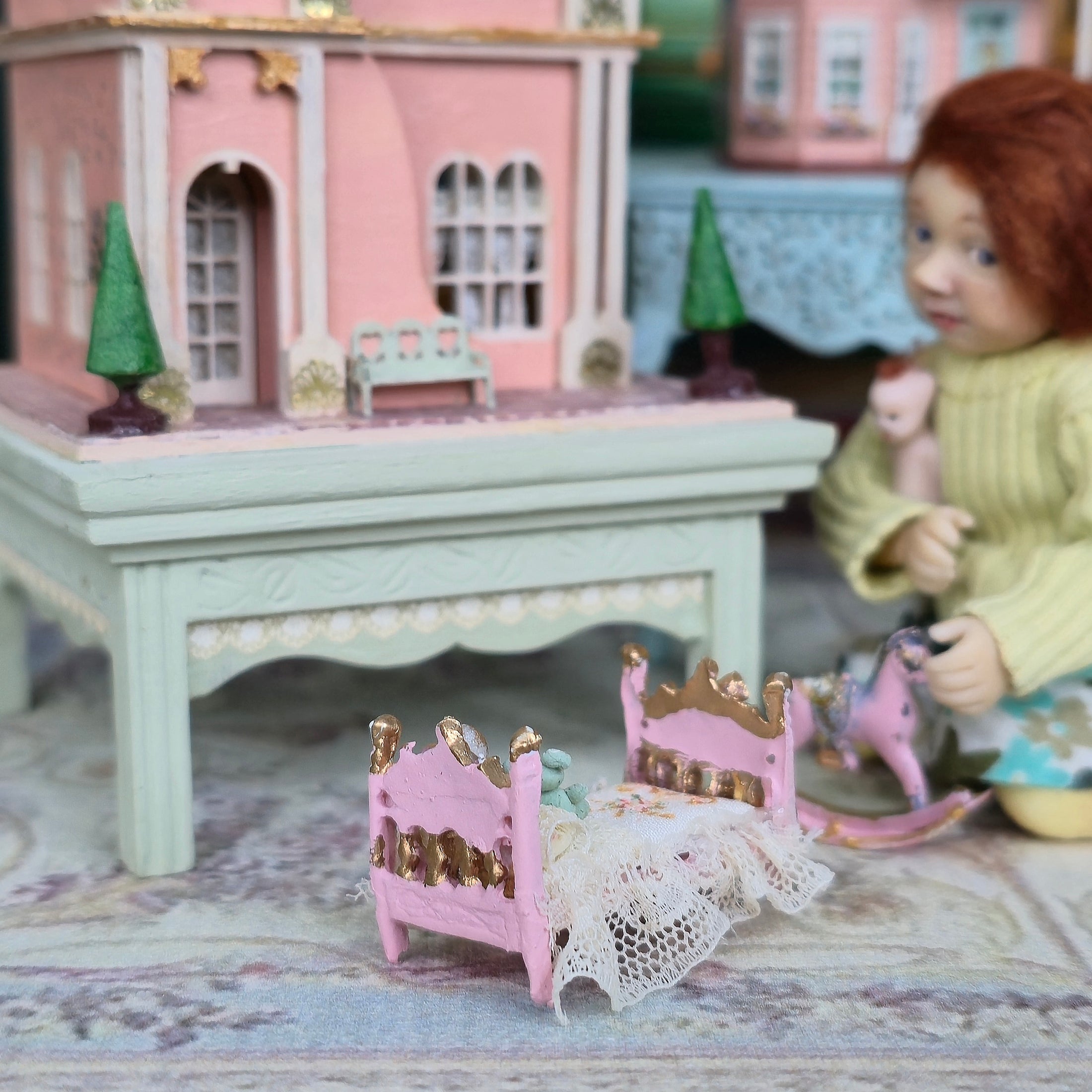 Vintage Artisan Pink & Gold Dressed Bed with Teddy Bear 1:48 Scale Nursery Toy