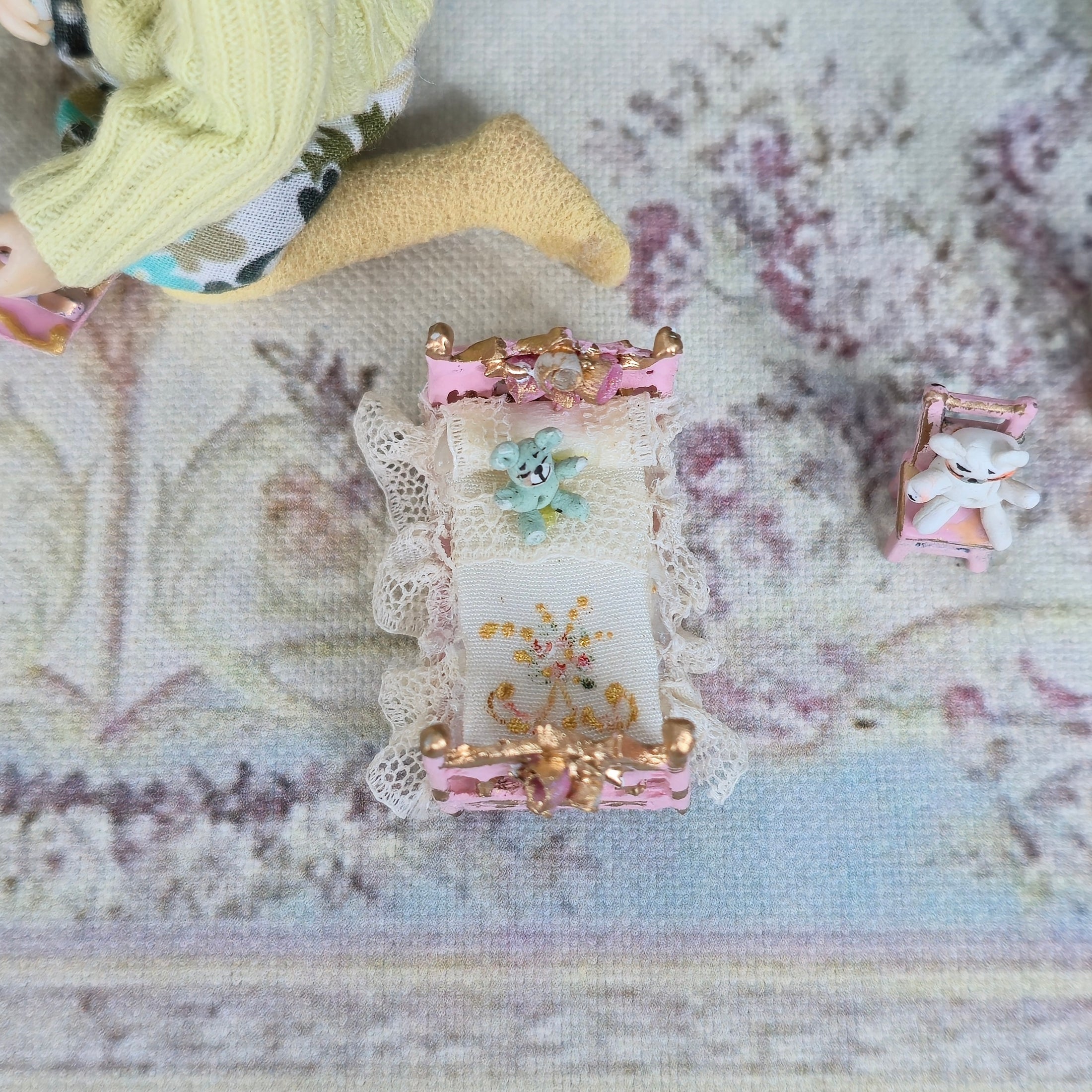 Vintage Artisan Pink & Gold Dressed Bed with Teddy Bear 1:48 Scale Nursery Toy