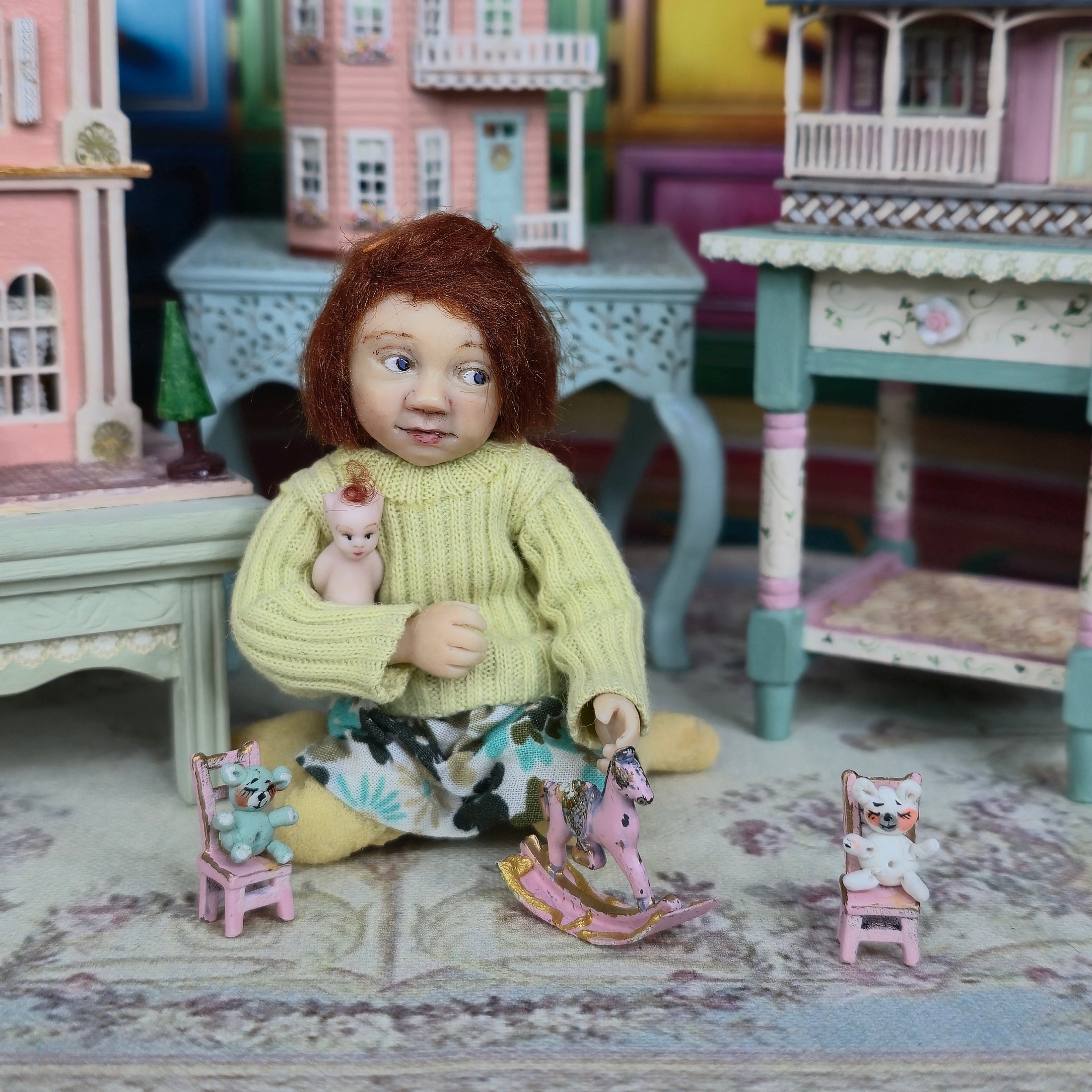 Pink & Gold Nursery Furniture Set with Rocking Horse & Teddy Chairs 1:48 Scale Vintage Artisan