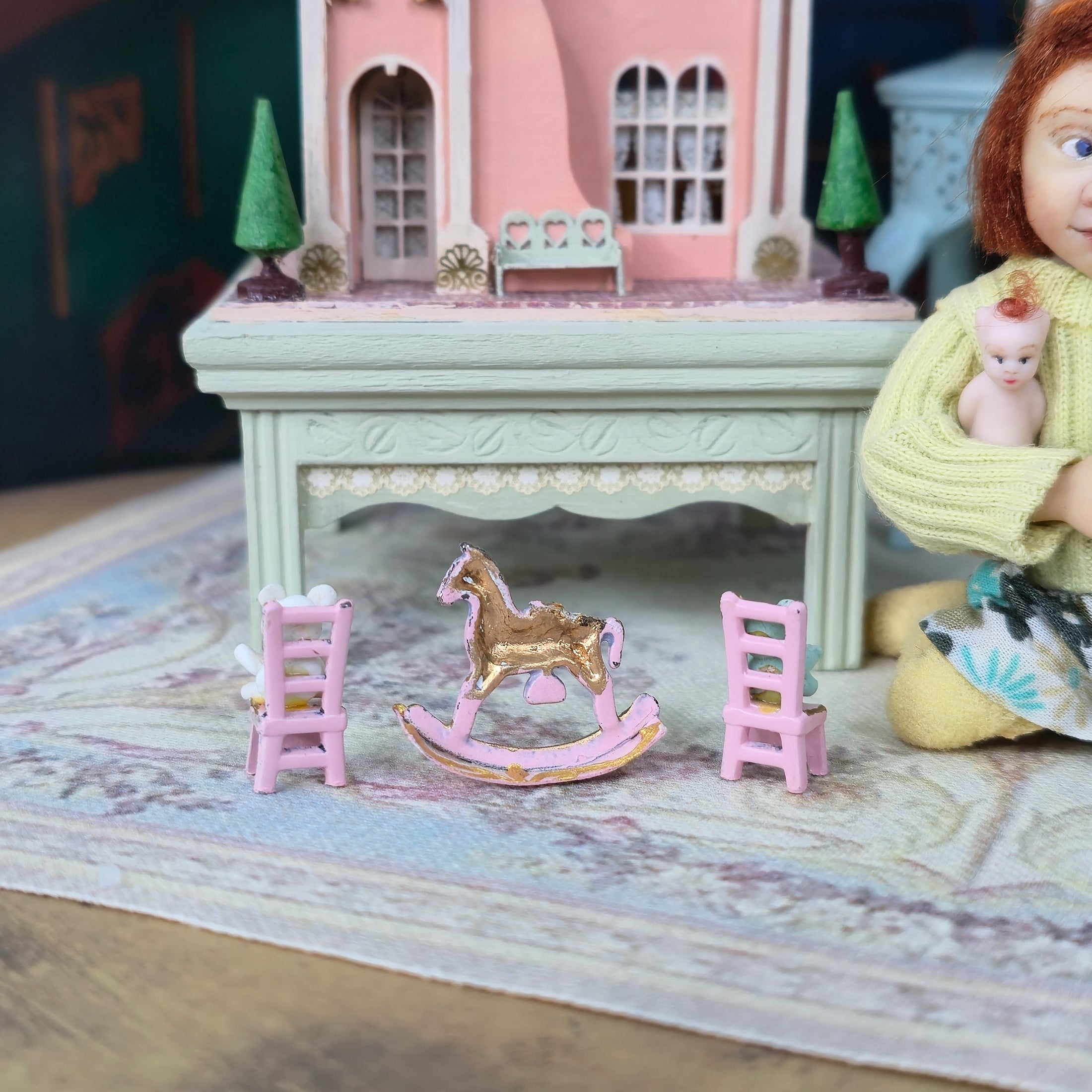 Pink & Gold Nursery Furniture Set with Rocking Horse & Teddy Chairs 1:48 Scale Vintage Artisan