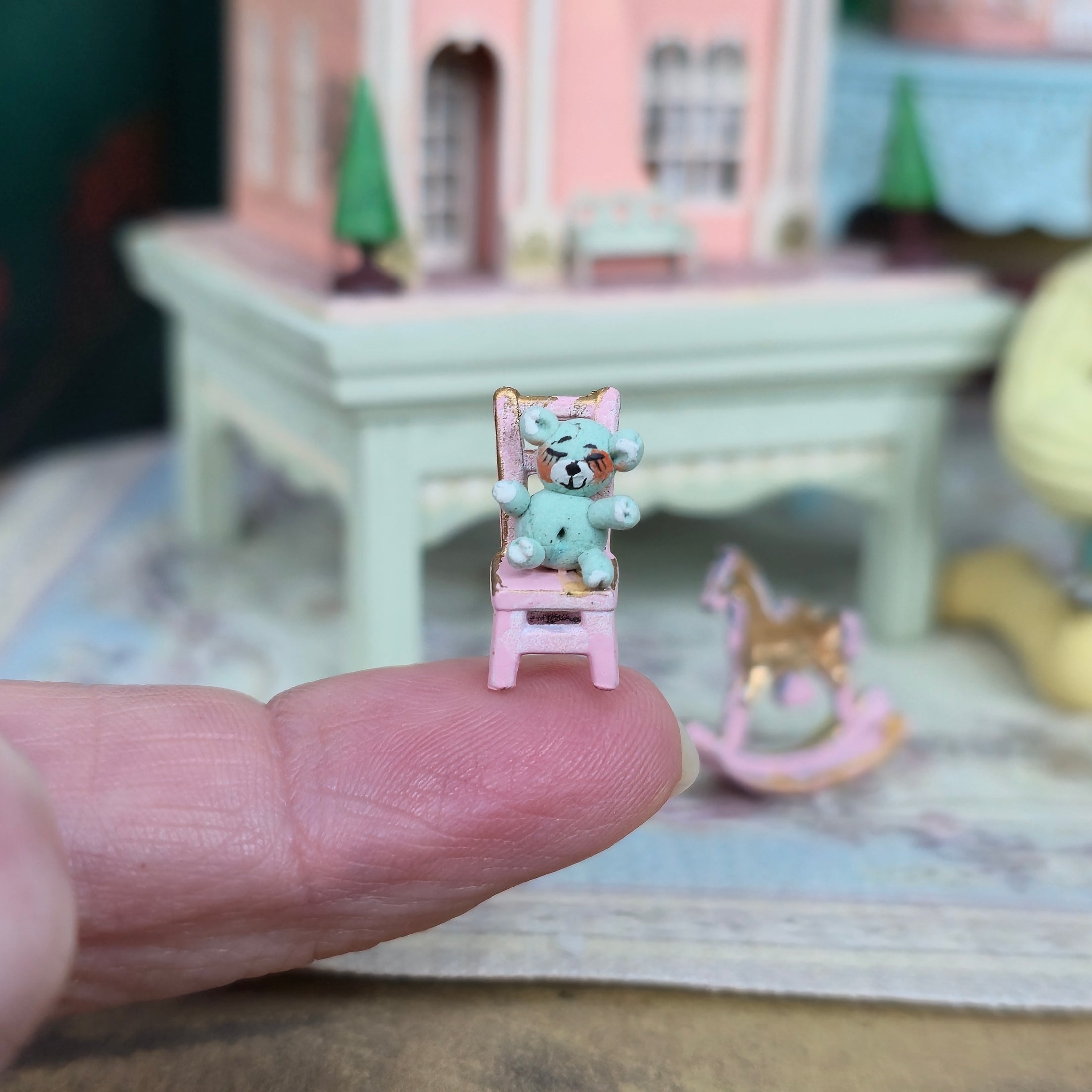Pink & Gold Nursery Furniture Set with Rocking Horse & Teddy Chairs 1:48 Scale Vintage Artisan