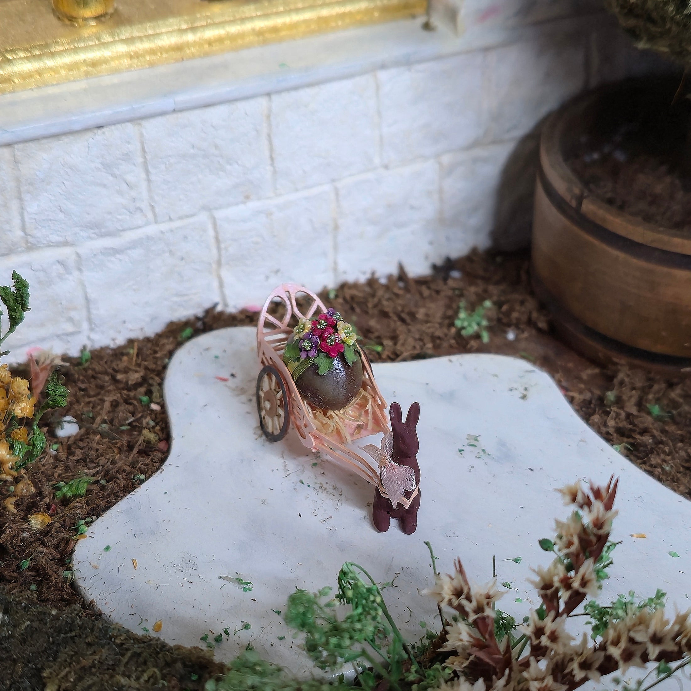 Parisian Pink Easter Bunny Cart with Chocolate Egg & Floral Details