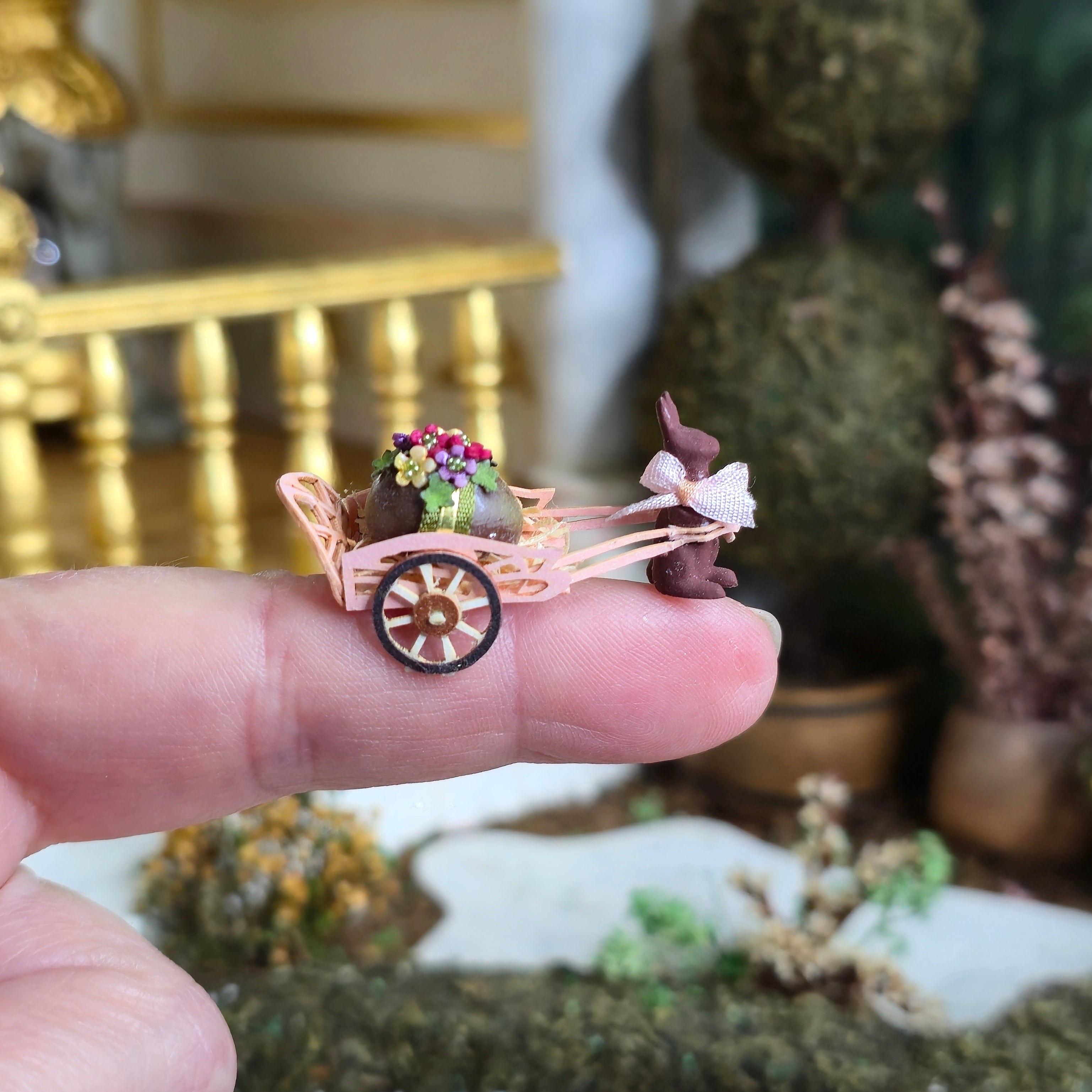 Parisian Pink Easter Bunny Cart with Chocolate Egg & Floral Details