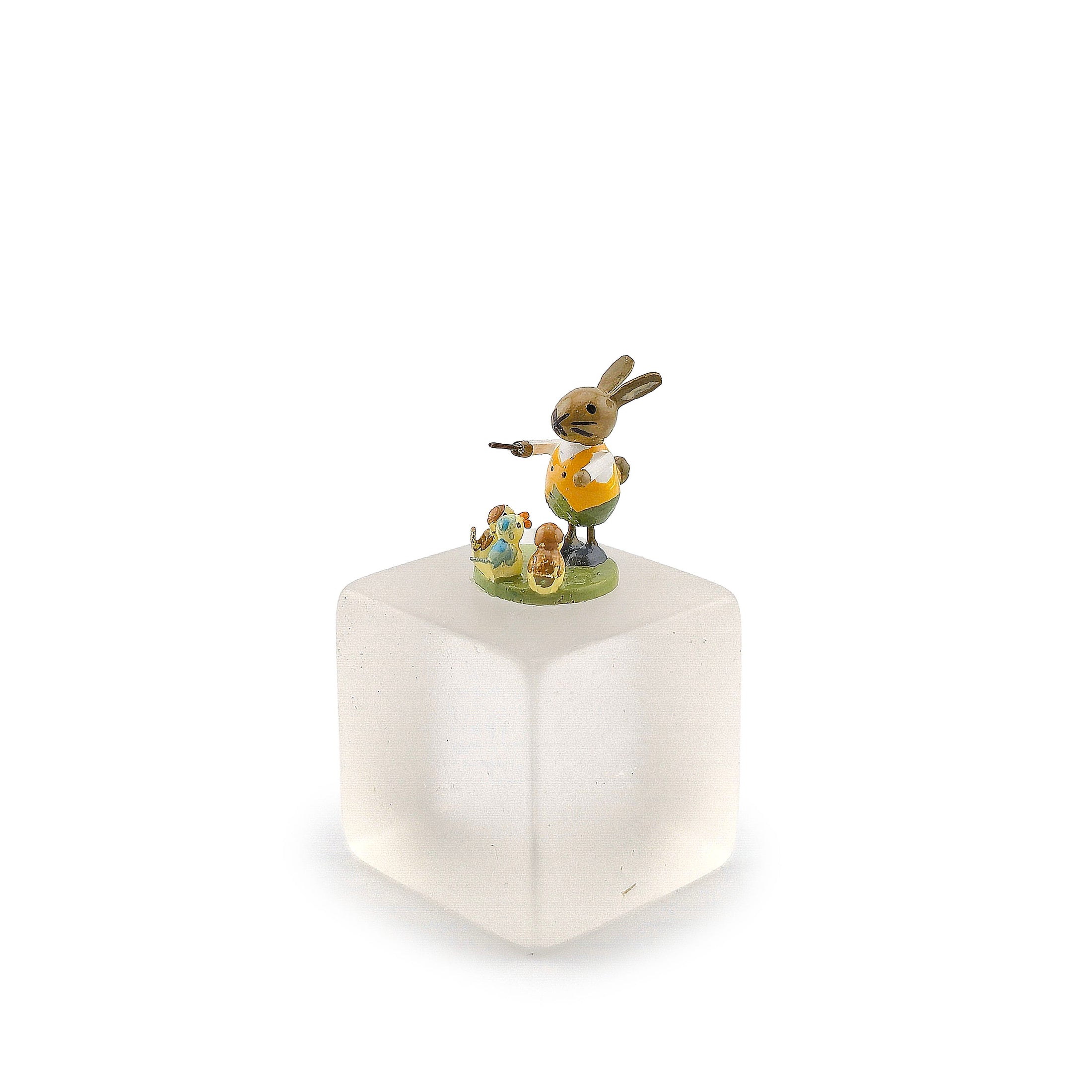 Hand Carved Wooden Folk Art Figurine of a Bunny Conductor with Singing Chicks