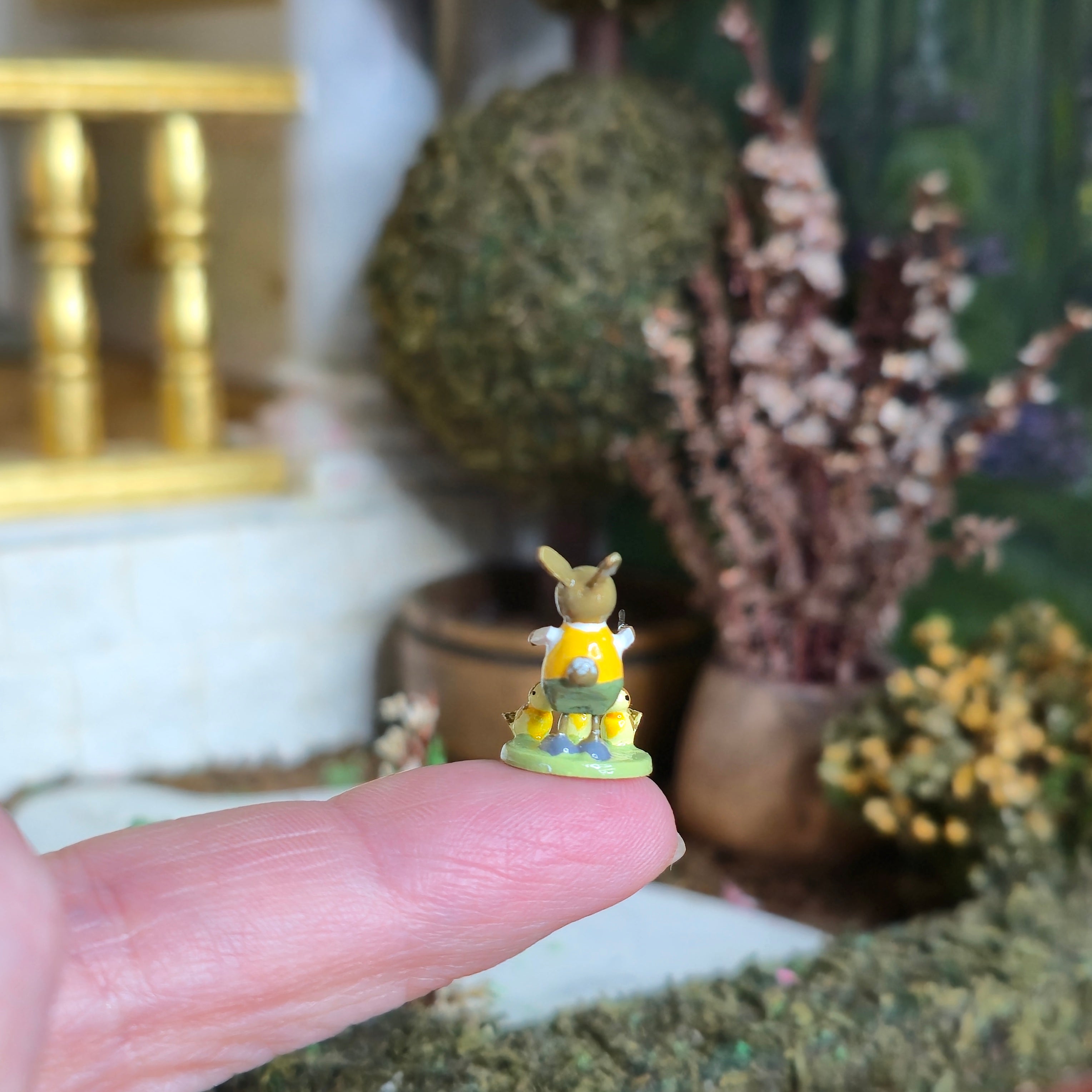 Hand Carved Wooden Folk Art Figurine of a Bunny Conductor with Singing Chicks