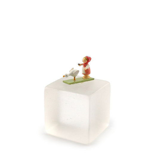 Folk Art Hand-Carved Wooden Girl with Goose Shelf Sitter Miniature