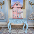 Load image into Gallery viewer, Laura Eppich 1:144 Pink Victorian Dollhouse on Hand Painted 1:12 Blue Table
