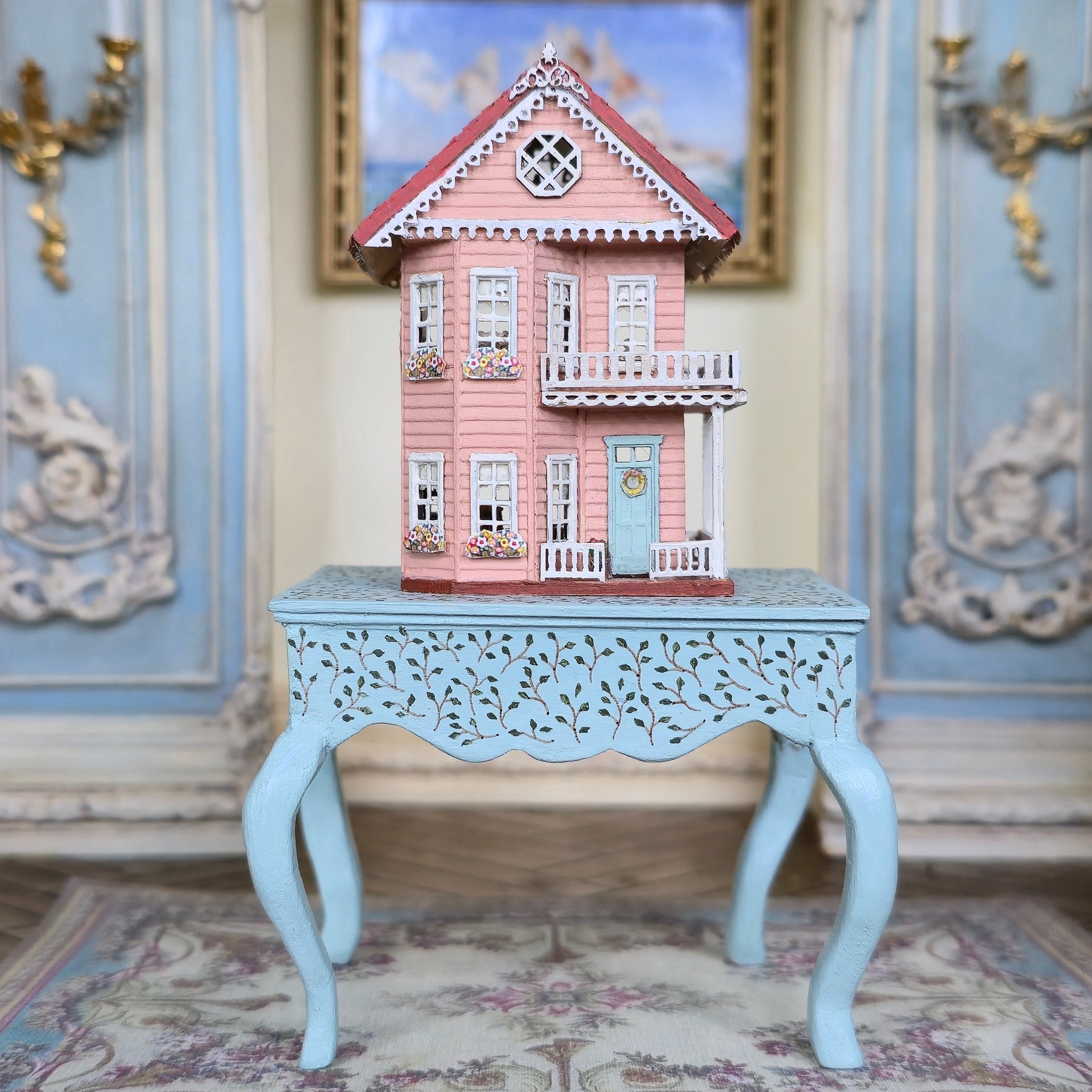 Laura Eppich 1:144 Pink Victorian Dollhouse on Hand Painted 1:12 Blue Table