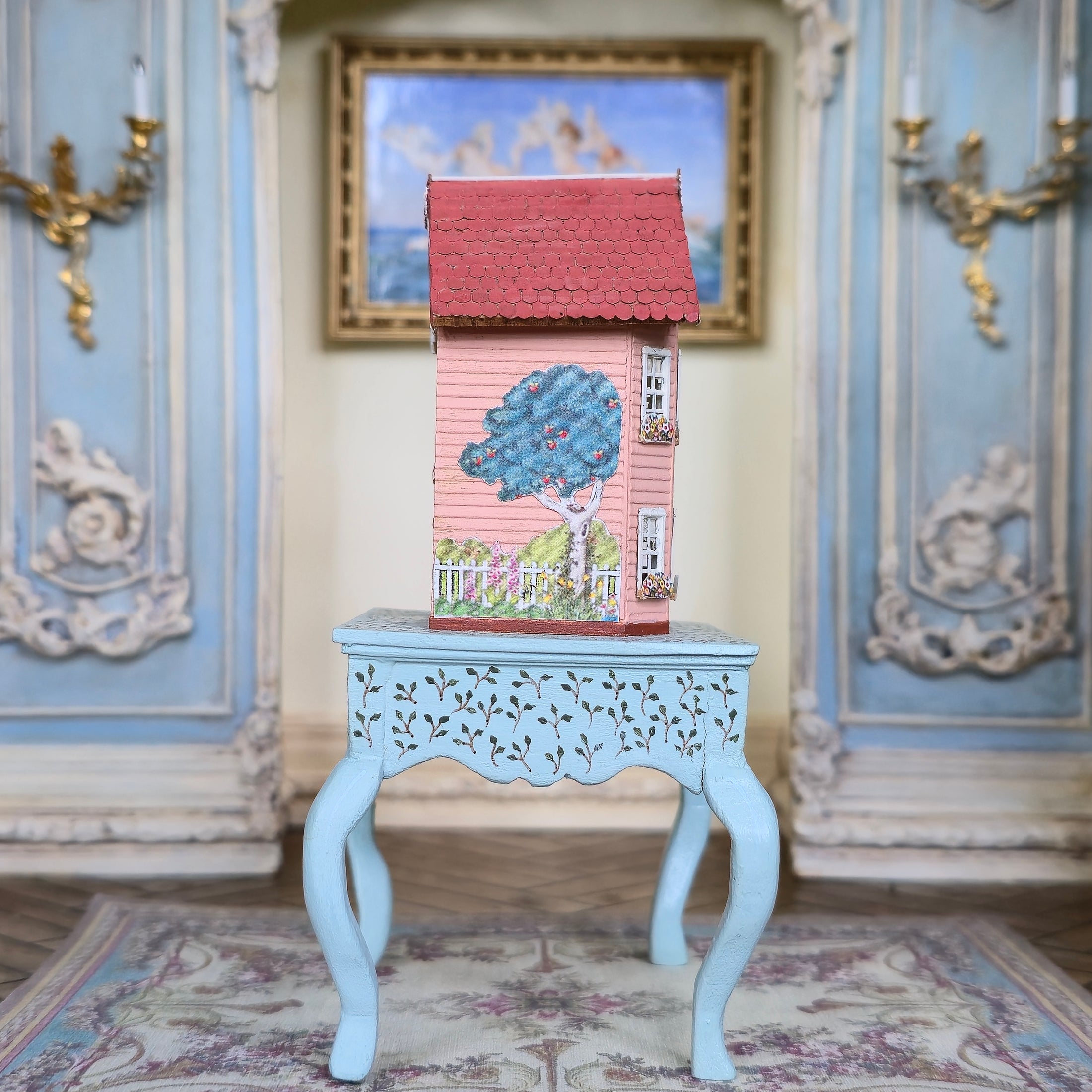 Laura Eppich 1:144 Pink Victorian Dollhouse on Hand Painted 1:12 Blue Table