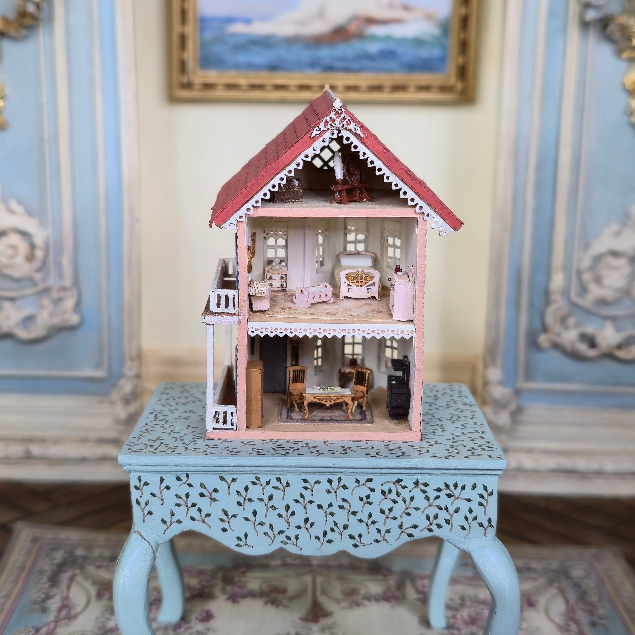 Laura Eppich 1:144 Pink Victorian Dollhouse on Hand Painted 1:12 Blue Table