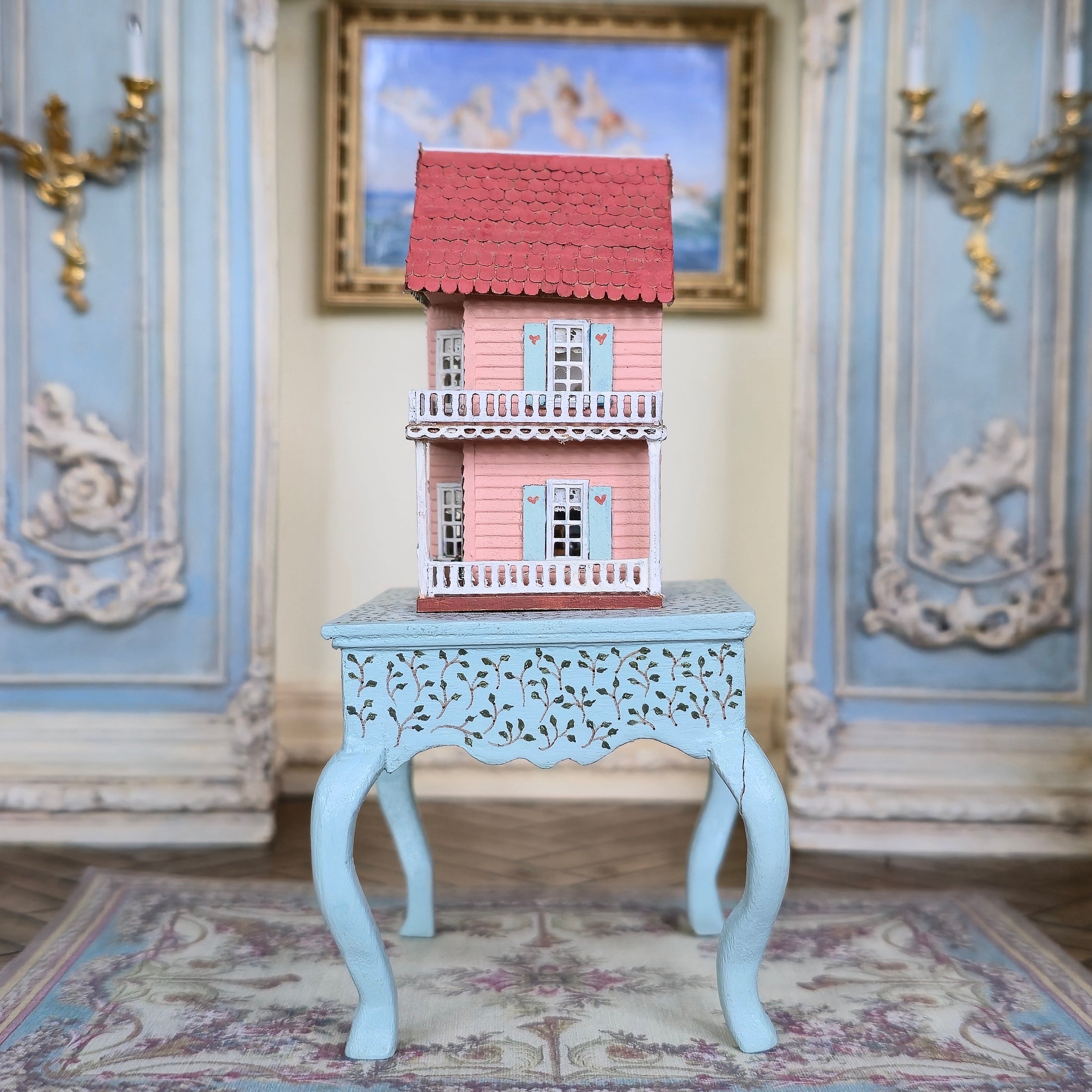 Laura Eppich 1:144 Pink Victorian Dollhouse on Hand Painted 1:12 Blue Table