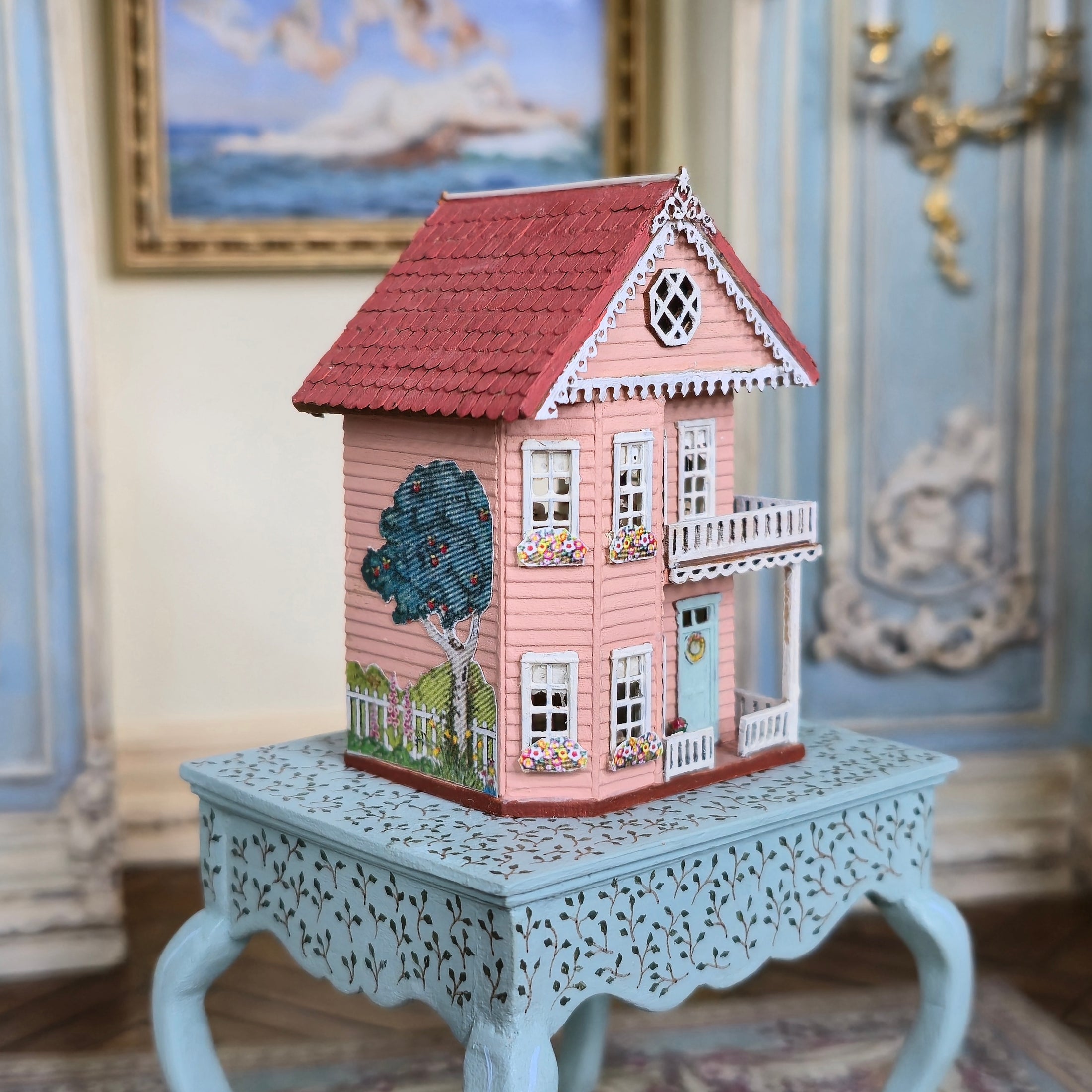 Laura Eppich 1:144 Pink Victorian Dollhouse on Hand Painted 1:12 Blue Table
