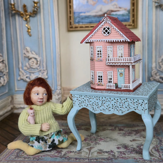 Laura Eppich 1:144 Pink Victorian Dollhouse on Hand Painted 1:12 Blue Table