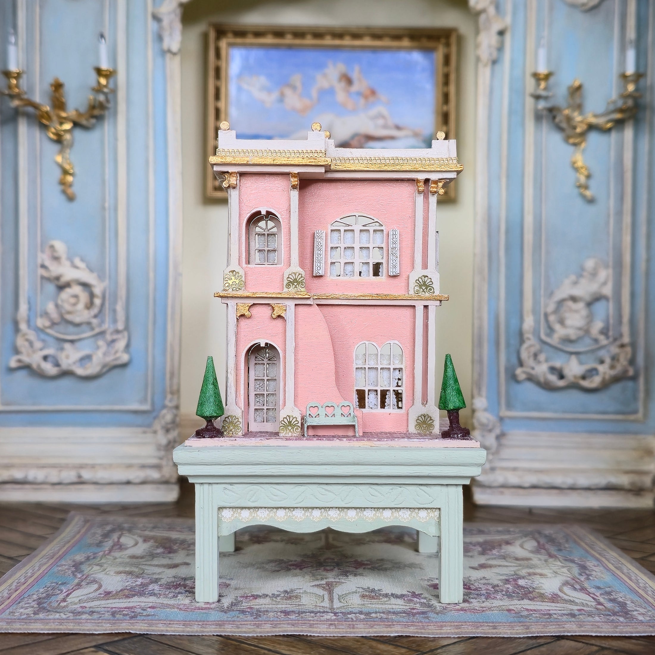 Hemy Eppich Grand Pink & White 1:144 Scale Dollhouse on Painted Table Nursery Display