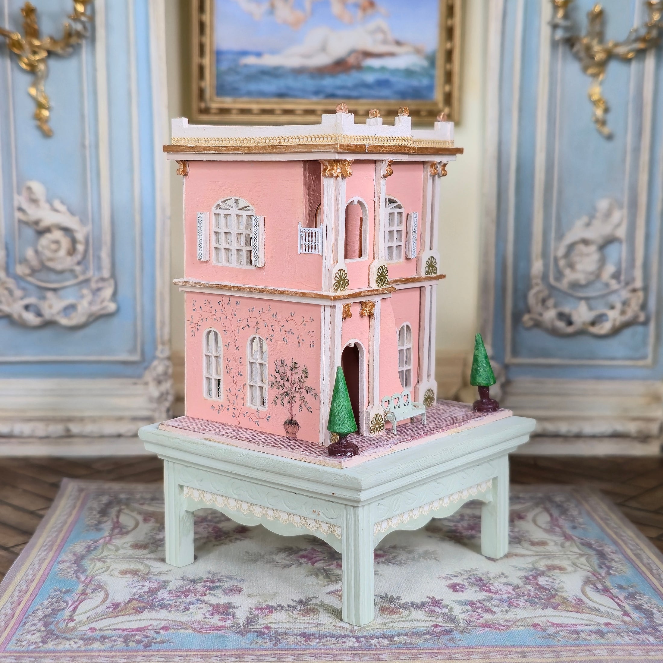 Hemy Eppich Grand Pink & White 1:144 Scale Dollhouse on Painted Table Nursery Display