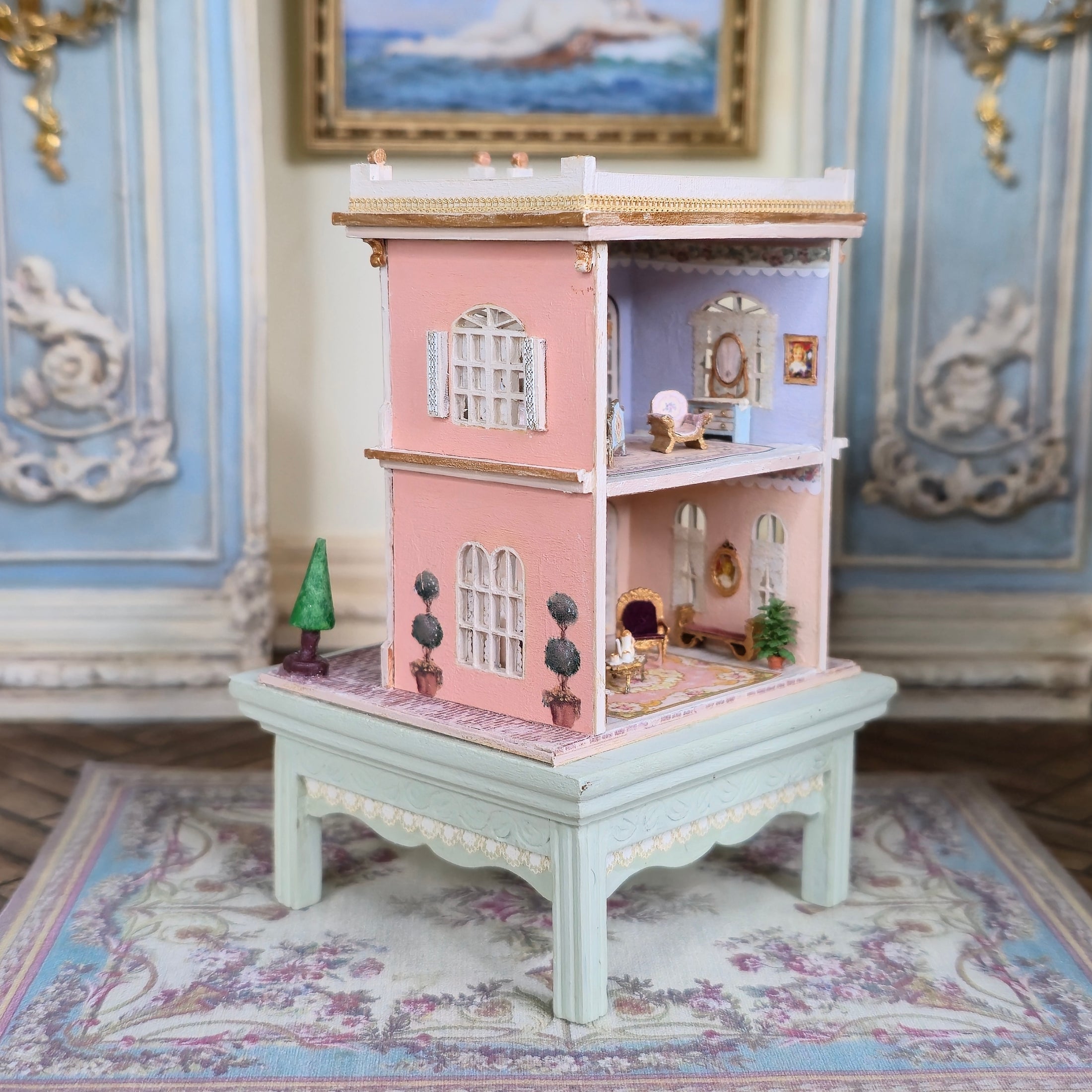 Hemy Eppich Grand Pink & White 1:144 Scale Dollhouse on Painted Table Nursery Display