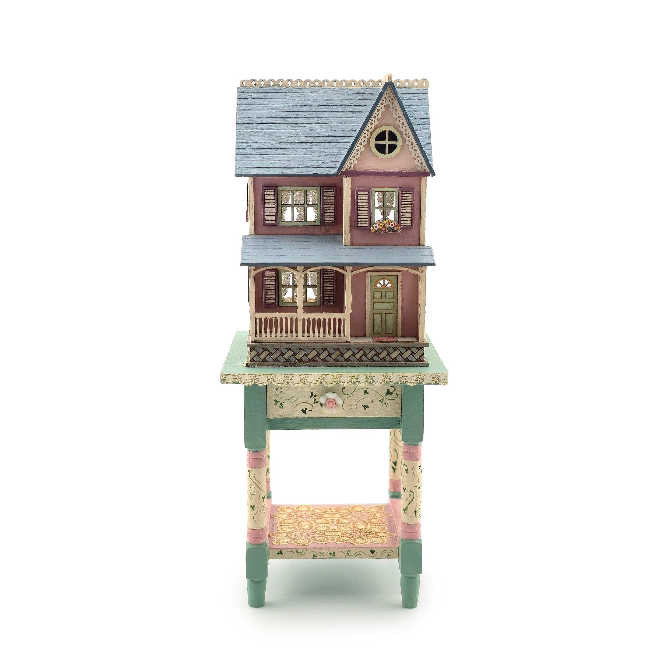 Laura Eppich 1:144 Lavender & Blue Three-Story Victorian Dollhouse on Blue Table