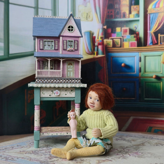 Laura Eppich 1:144 Lavender & Blue Three-Story Victorian Dollhouse on Blue Table