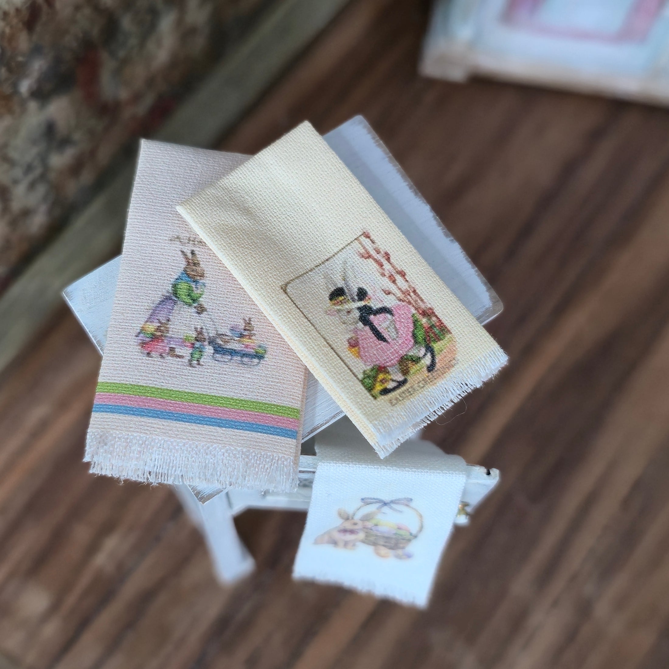 Trio of Easter Spring Printed Linen Hand Towels Miniature