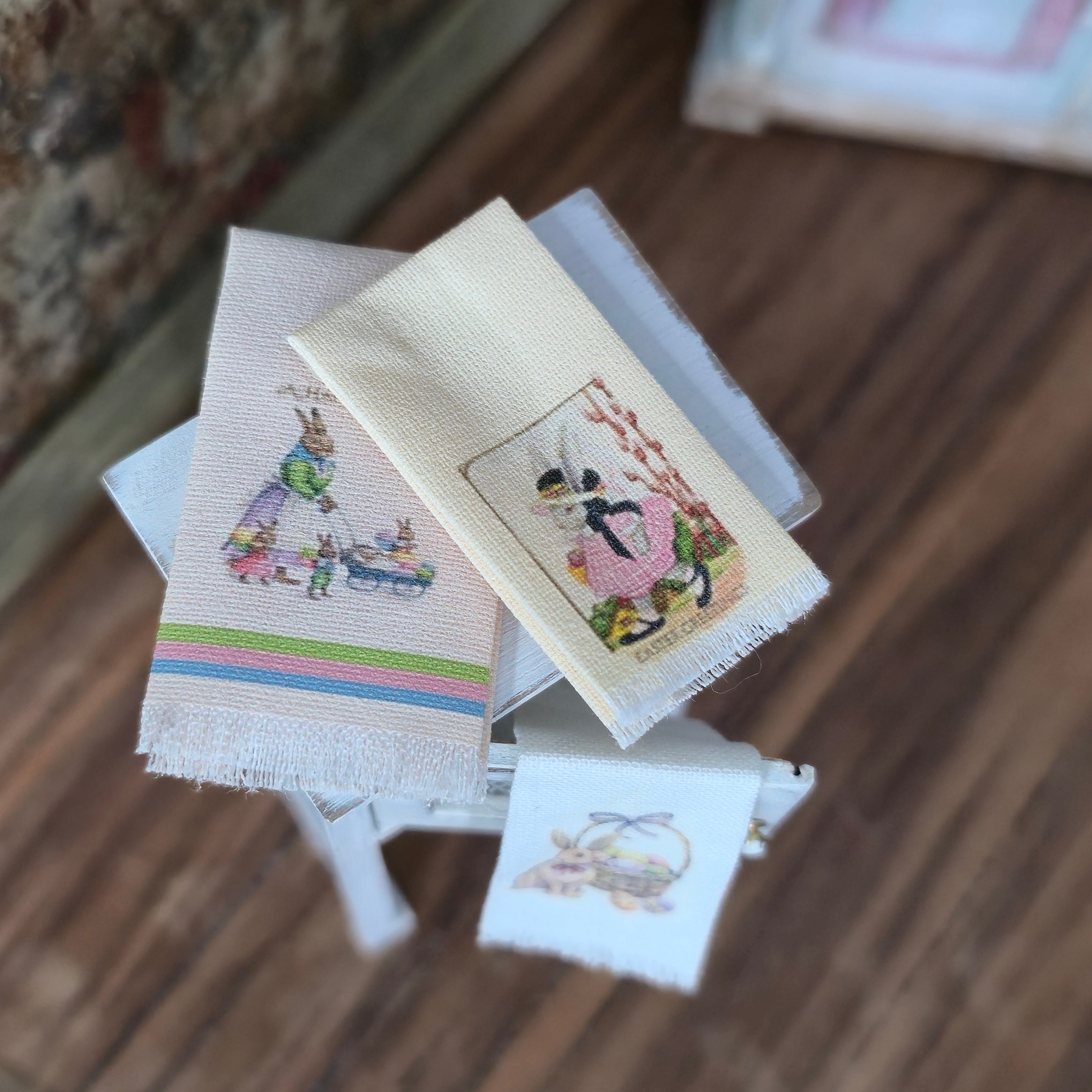 Trio of Easter Spring Printed Linen Hand Towels Miniature