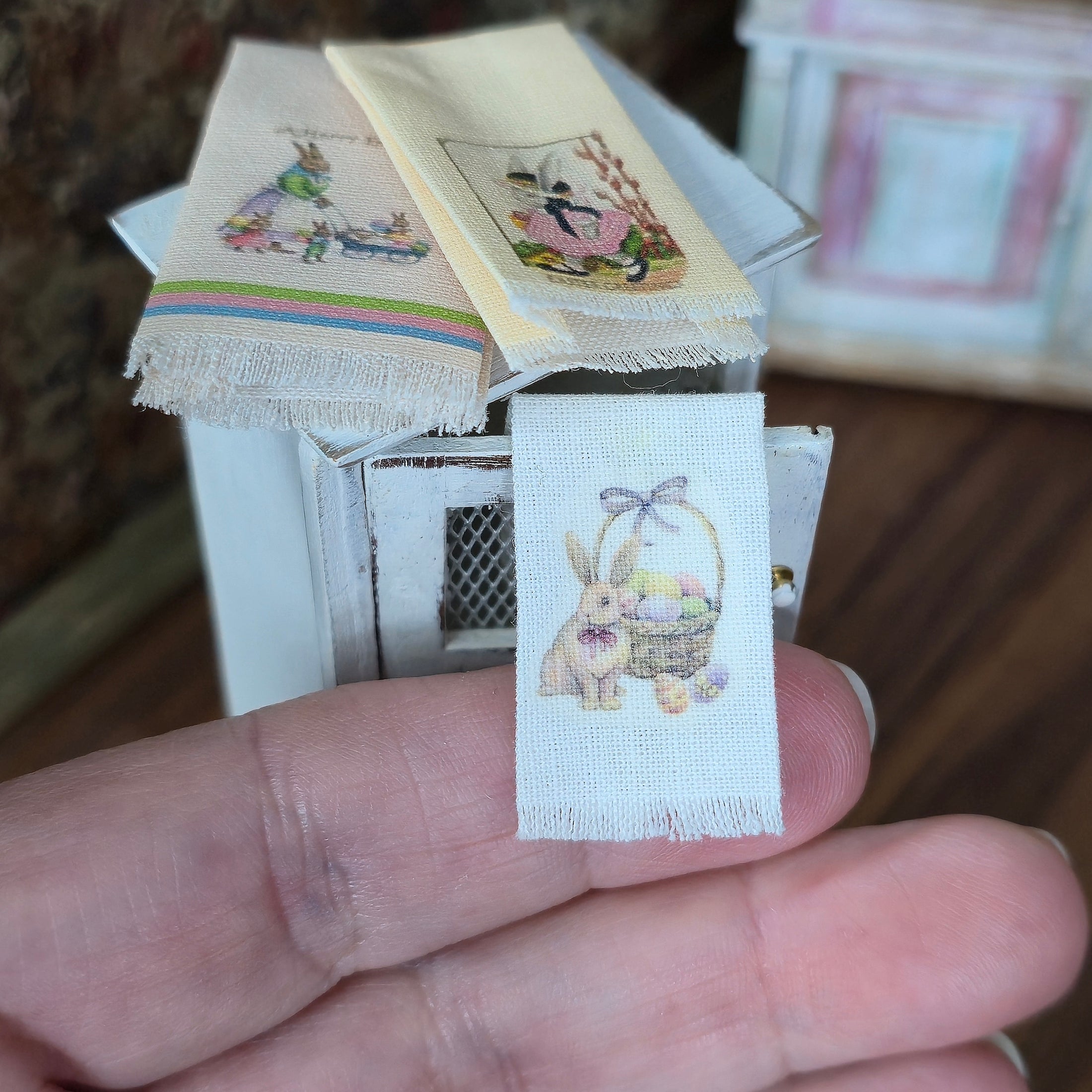 Trio of Easter Spring Printed Linen Hand Towels Miniature