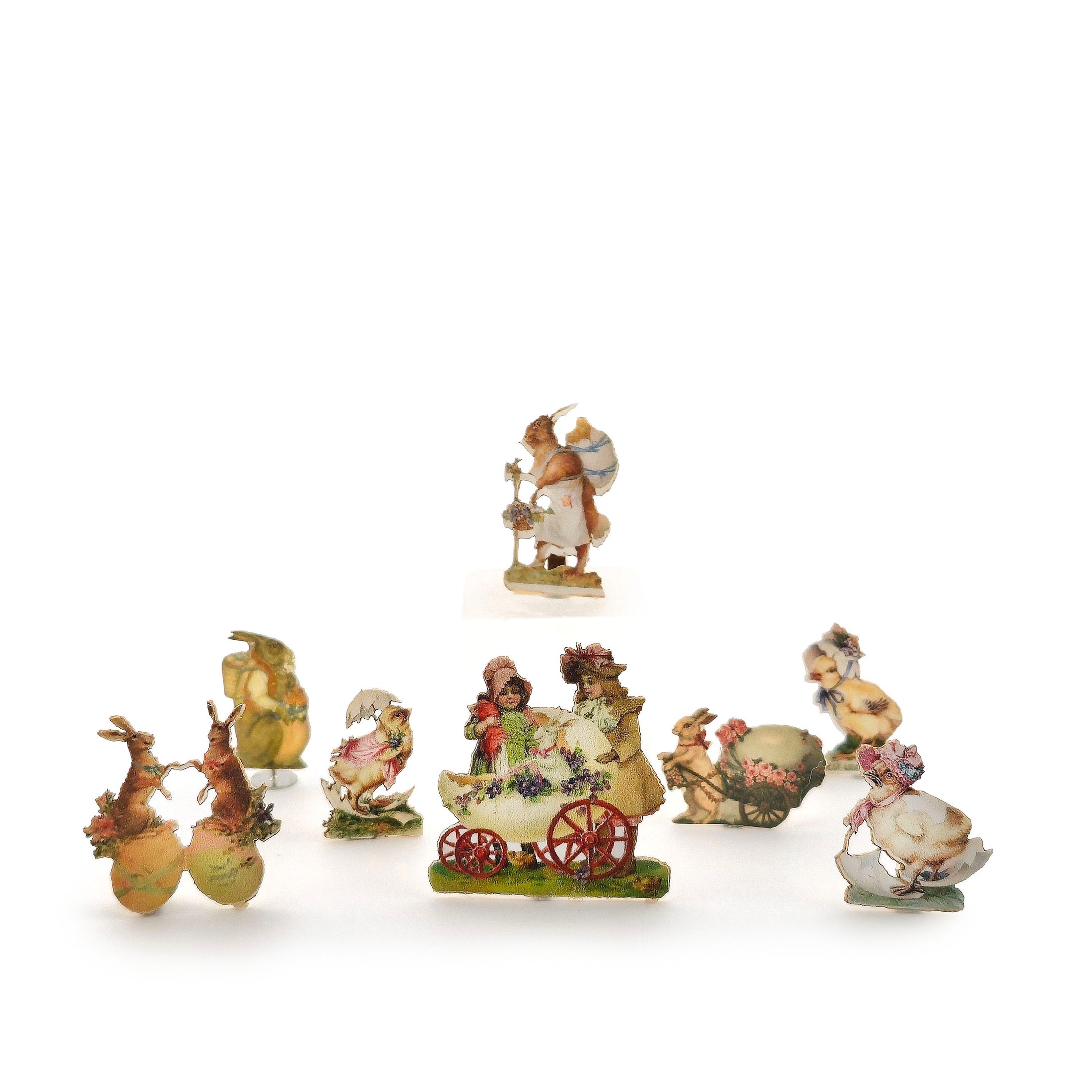 Miniature Antique & Vintage Easter Card Cutouts with Wood Stands (Set of Eight)