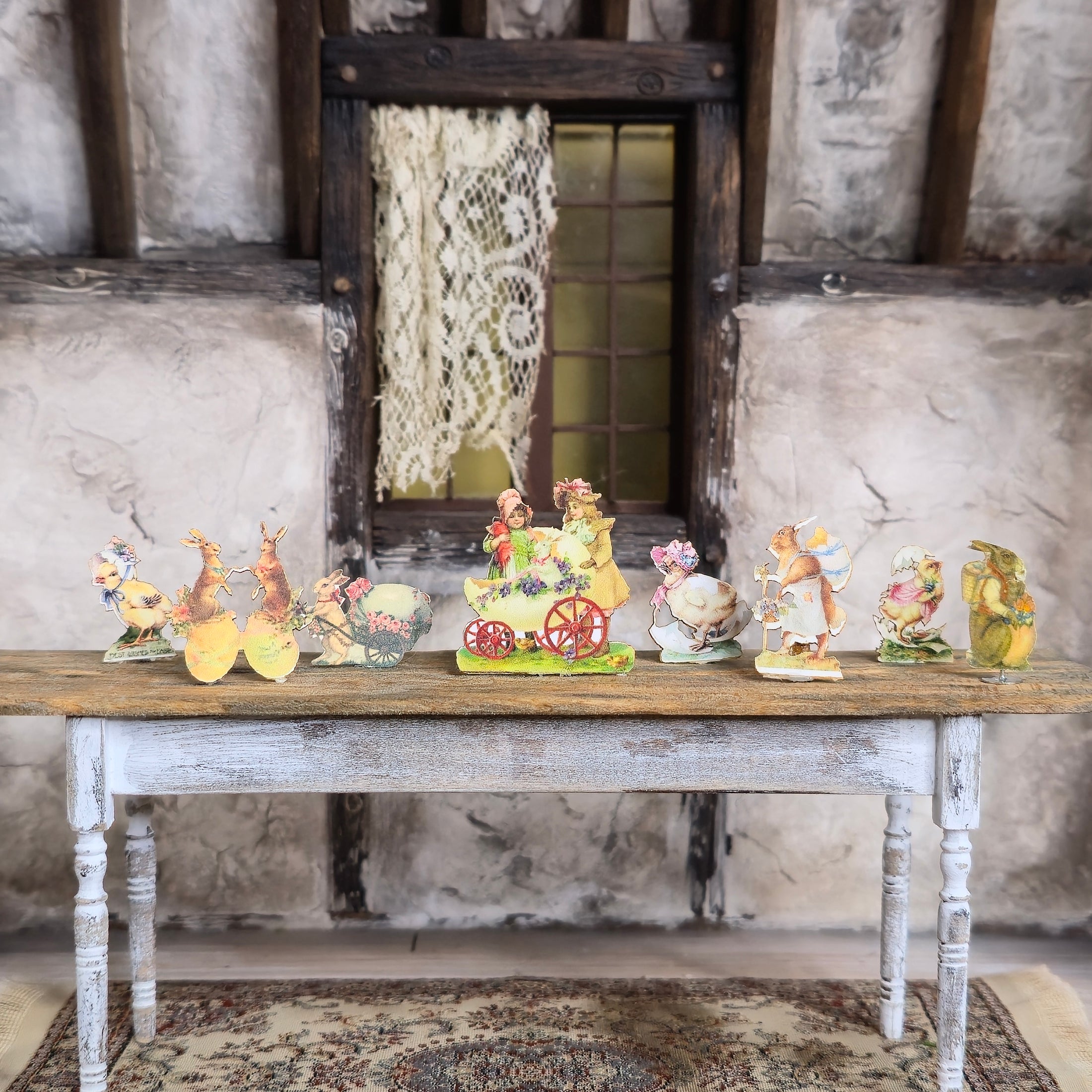 Miniature Antique & Vintage Easter Card Cutouts with Wood Stands (Set of Eight)