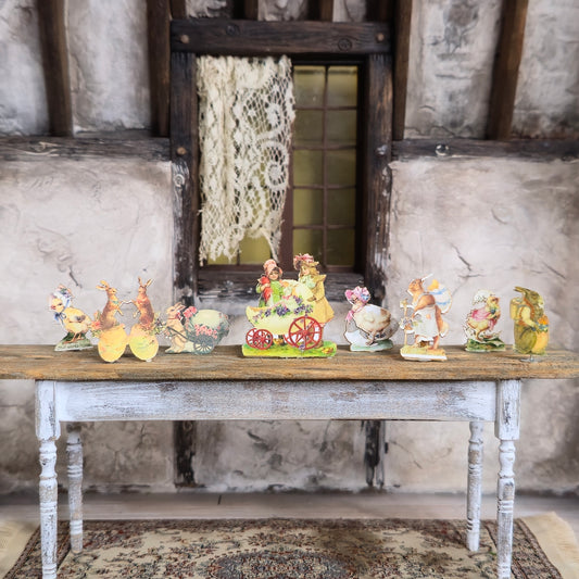 Miniature Antique & Vintage Easter Card Cutouts with Wood Stands (Set of Eight)