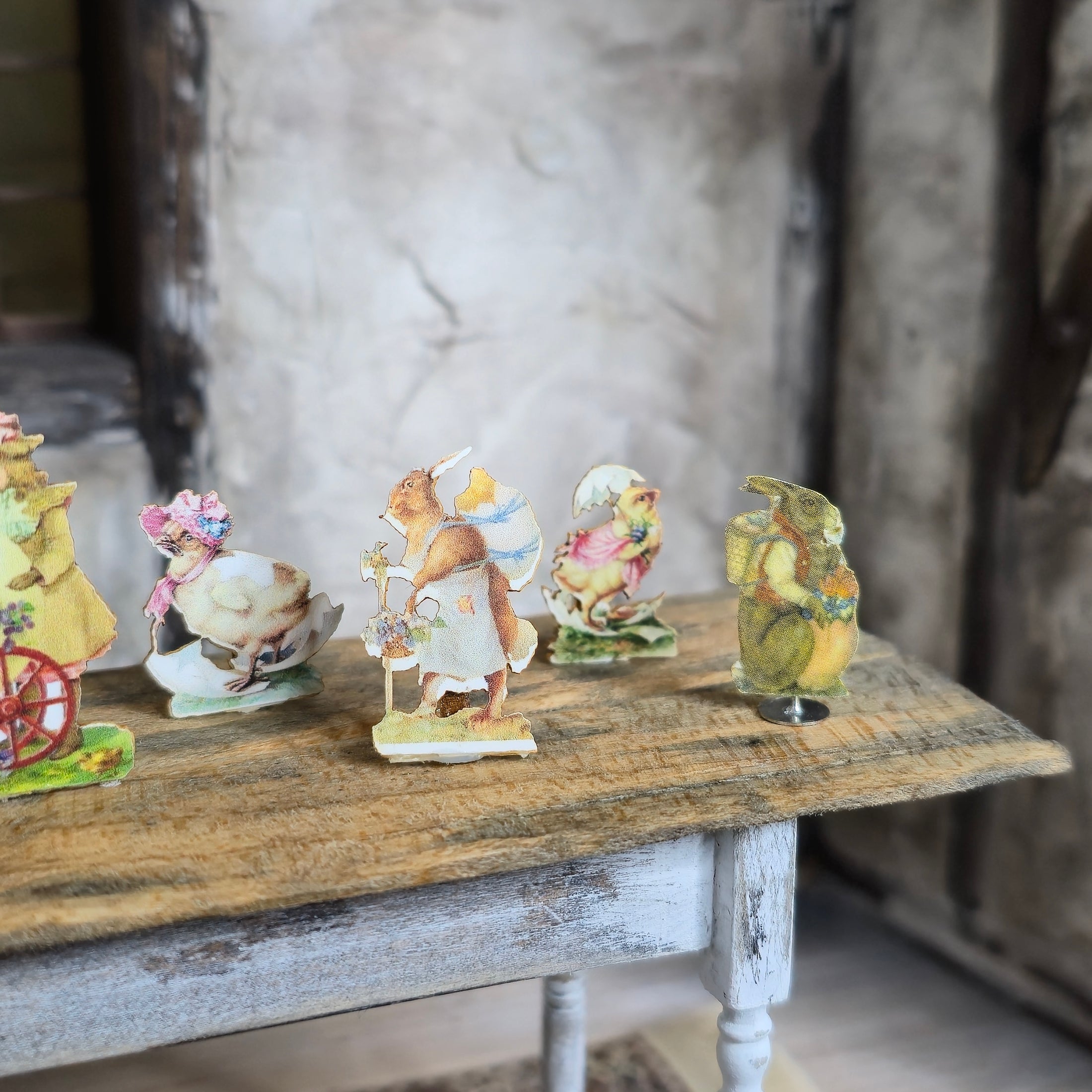 Miniature Antique & Vintage Easter Card Cutouts with Wood Stands (Set of Eight)